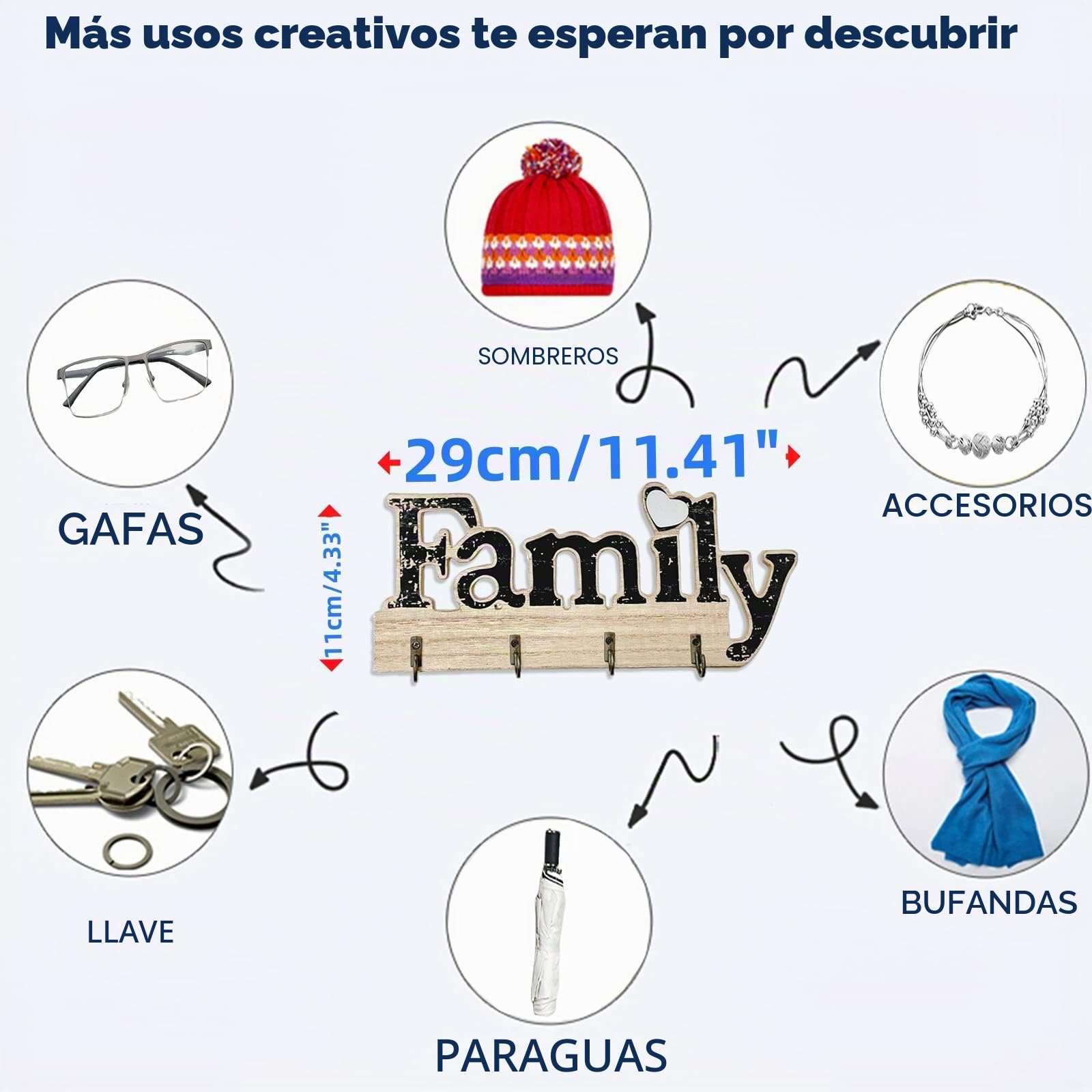 Echehi Colgador Llaves de Madera Decorativo Familiar, Autoadhesivo o Perforador Instalación de 3 vías Colgador Llaves Pared para el Hogar, Blancos.Negro