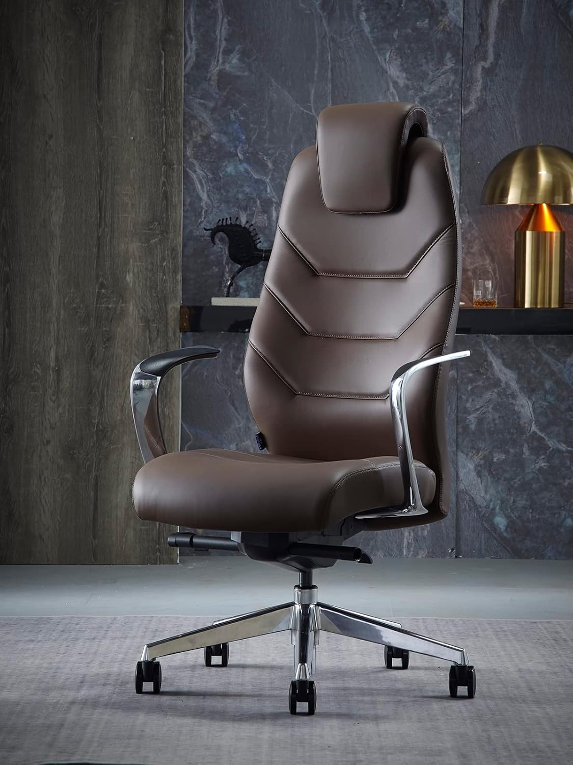 Genuine Leather Office Chair with High Back Aluminum Swivel Base Ergonomic Synchro-Tilt Reclining Mechanism Real Leather Executive Chair- Dark Brown