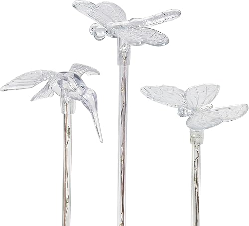 Exhart Luces solares de jardín, juego de 3 estacas acrílicas de mariposa, colibrí y libélula para jardín, LED que cambia de color, decoración de