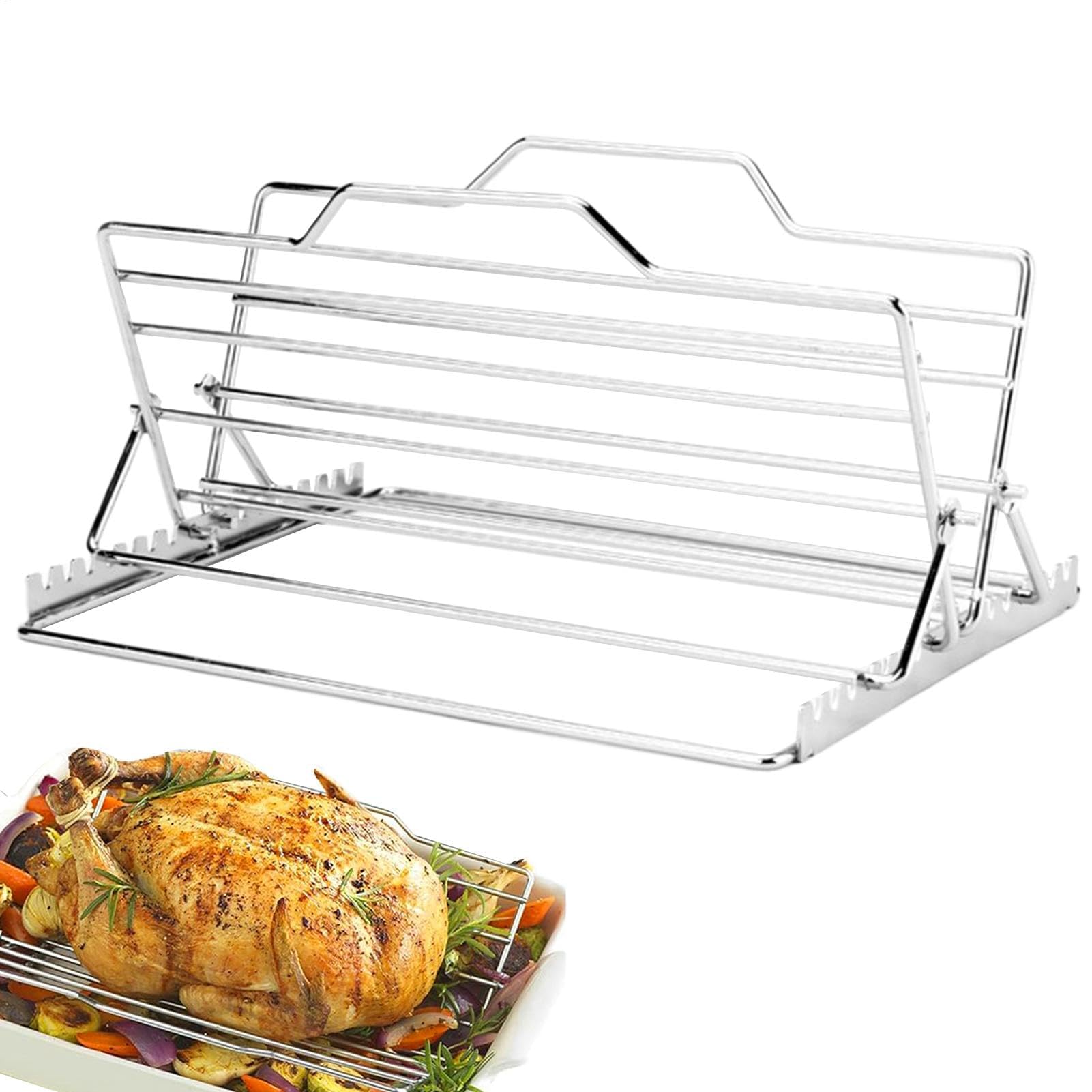 Bandeja Plegable de Acero Inoxidable for Asar Pollo y Costillas en el Horno. Soporte for Asar Pollos Que Ahorra Espacio con Asas for Asar y Asar Costillas.