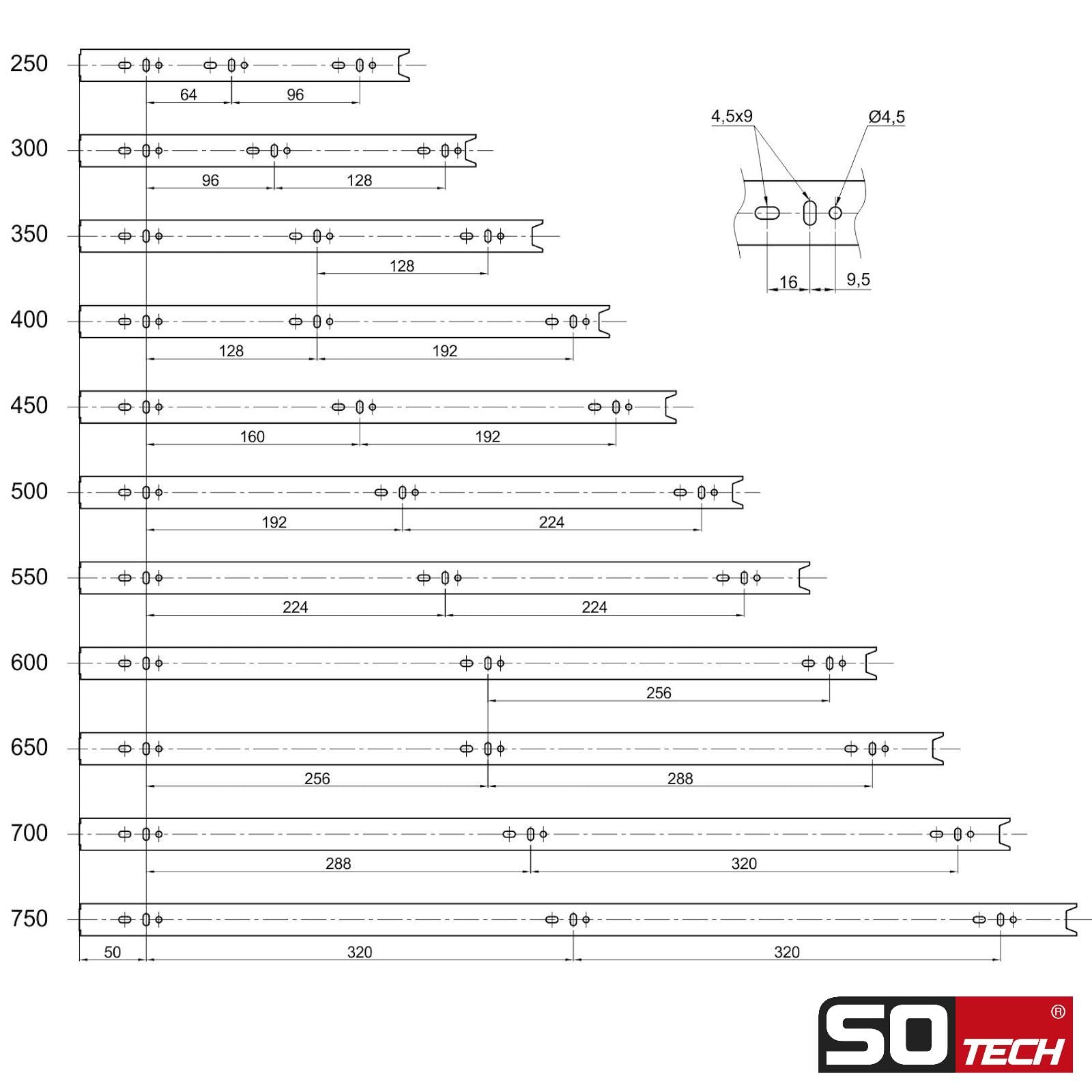 SOTECH Vollauszüge KV1-45-H45-L350-NF 350 mm kugelgelagert Tragkraft 45 kg 4 Paar