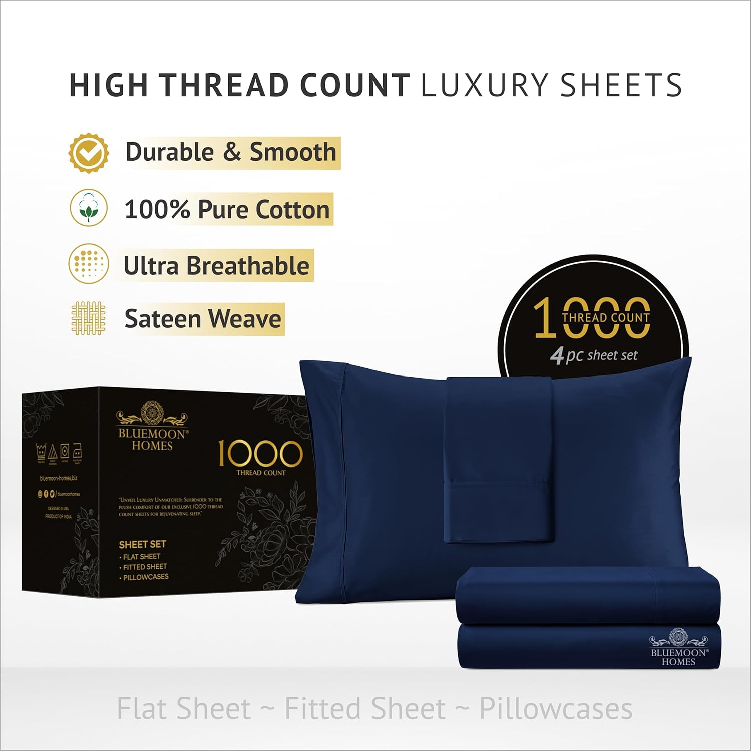 Egyptian Cotton Sheets for King Size Bed, Certified 1000 Thread Count King Sheet Set, Luxury Cotton King Bed Sheets, Deep Pocket, Soft & Ultra Smooth Sheet - Navy Blue - Image 2