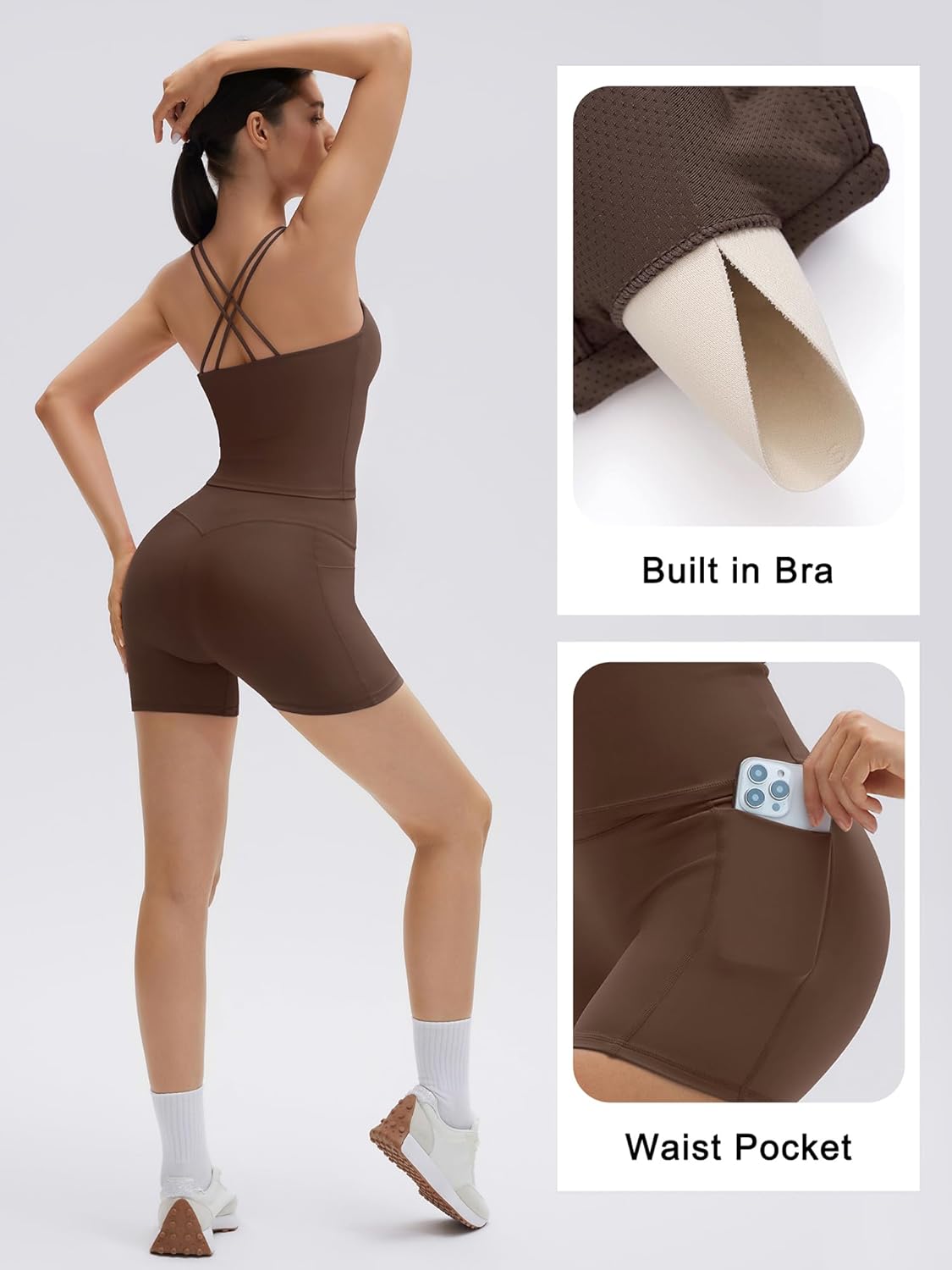 SUUKSESS Women 2 Piece Workout Sets Built in Bra Open Back Tank Tops High Waisted Biker Shorts with Pockets - Image 3