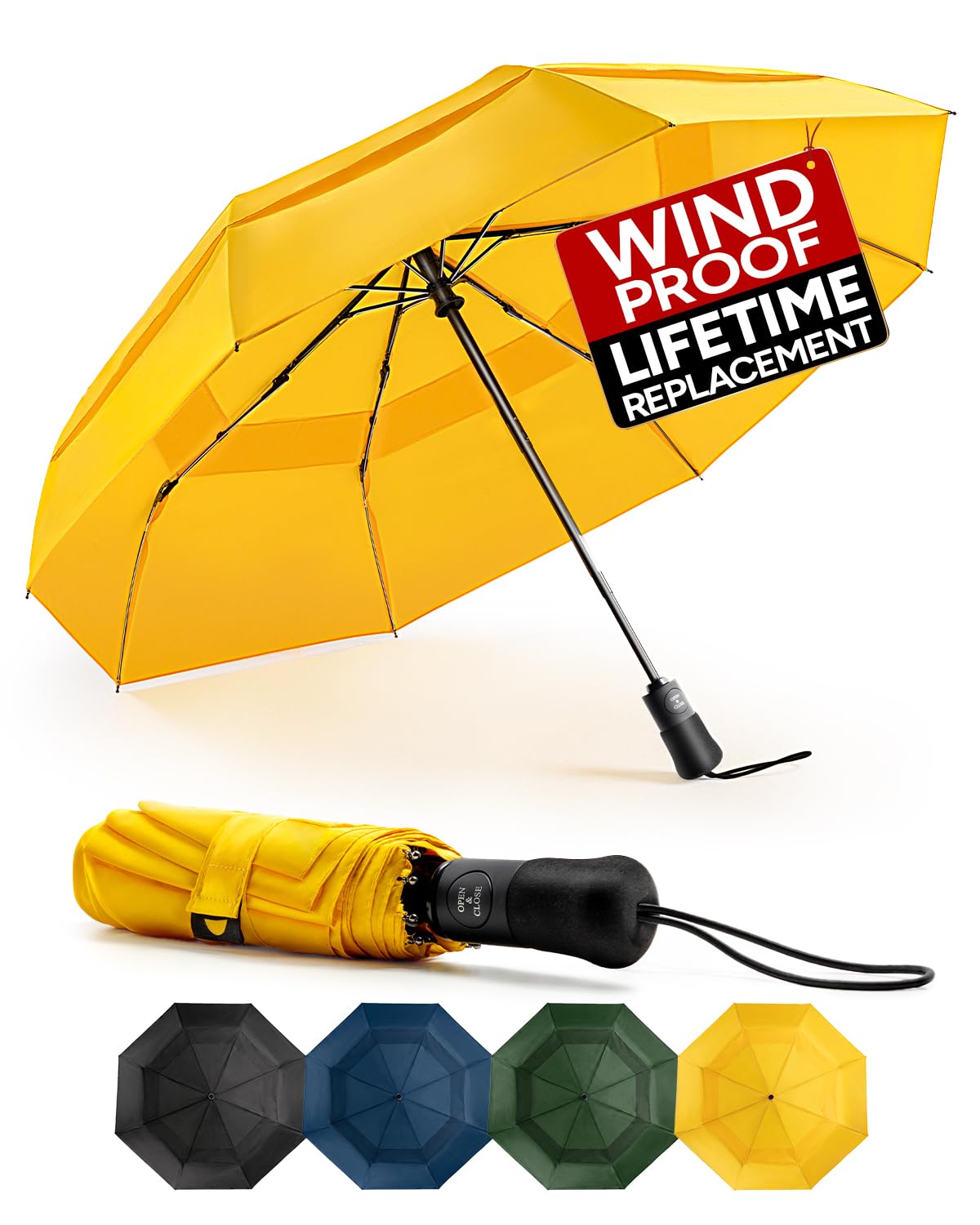 Chakipee Compact Travel Umbrella Windproof Strong- Automatic Folding Umbrellas for Wind and Rain, Double Vented Canopy 210T Fabric 106cm Span - 8 Ribs Portable Umbrella for Men and Women Yellow