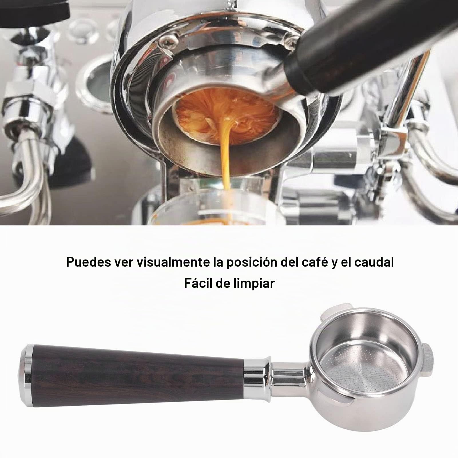 Portafiltro de café Portafiltro sin Fondo de Acero Inoxidable de 54 Mm para una Extracción de café Portafiltro Portátil para Breville 8 Series 870 880 (Madera Negra Africana)