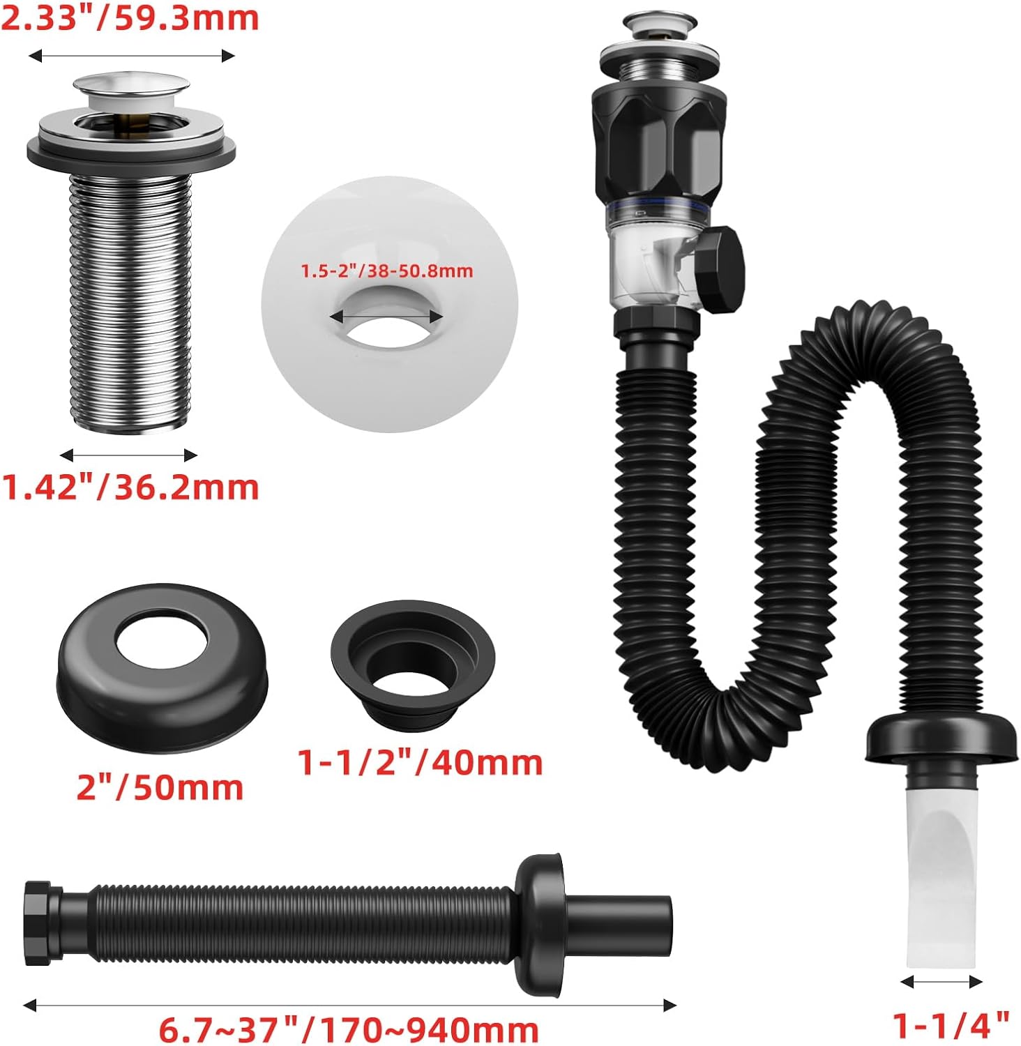 Bathroom Sink Drain Kit with Flexible Expandable P-Trap Sink Drain Pipe Tube Anti-Odor Bathroom Sink Drain Pipe for 1-1/4" and 1-1/2" Drain Hole