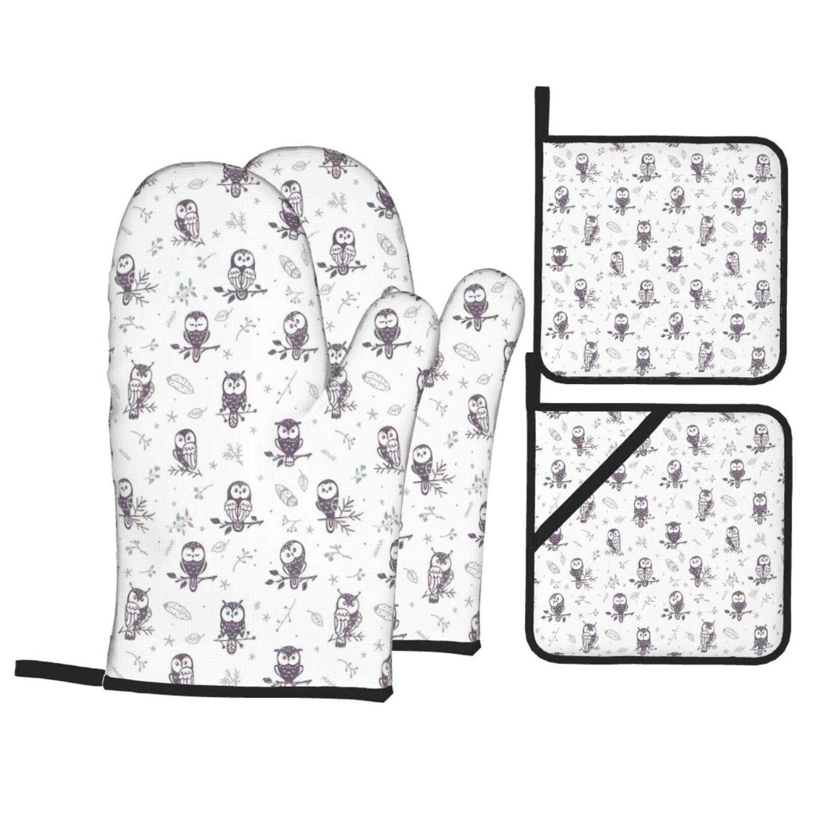 Owl Tree Branches Print 4-Piece Oven Microwaving Set Waterproof Kitchen Gloves for Baking Grilling Cooking