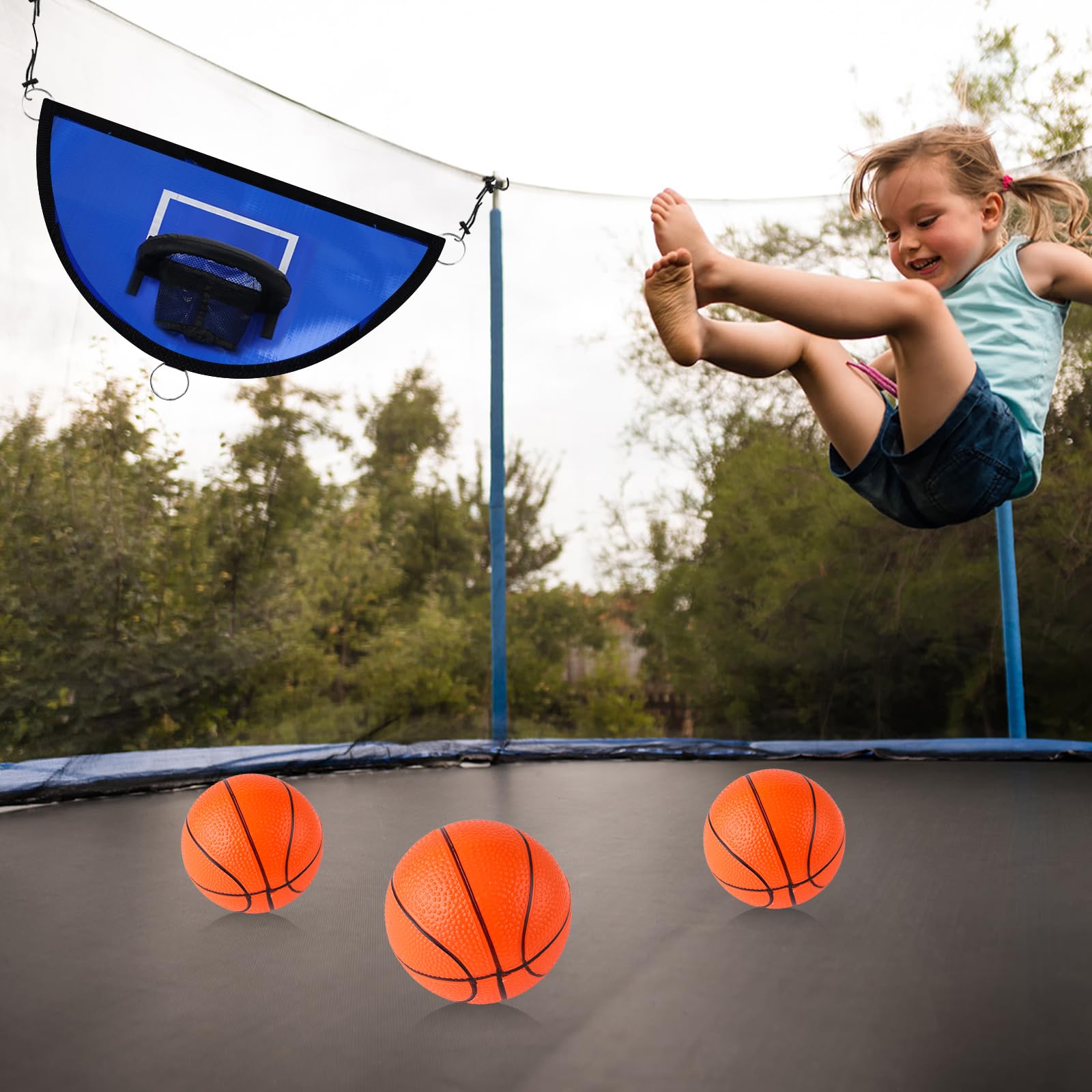 Panier Basket Trampoline, Mini Panier pour Trampoline, Basketball pour Trampoline avec 3 Balles et Pompe, Rechange Filet Panier Amovible Adapté Aux Sports D'Intérieur en Plein Air