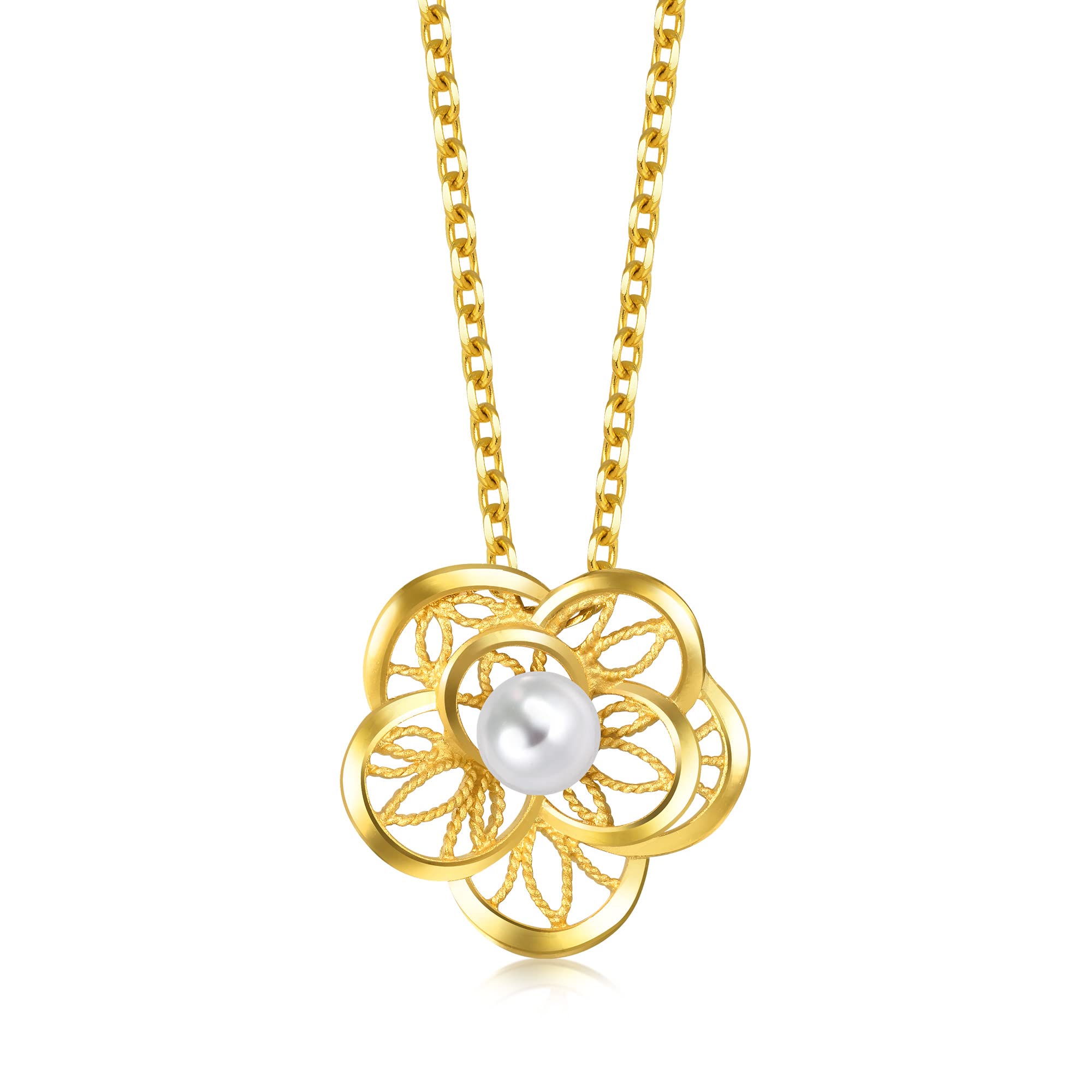 CHOW SANG SANG 999.9 24K Solid Gold Camellia Flower with Pearl Pendant for Women 92013P | [Not Include the Necklace]