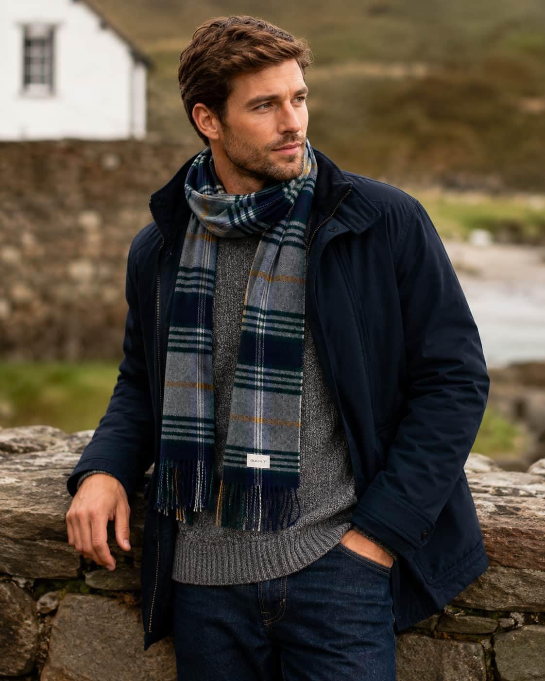GANT Bufanda de lana a cuadros para hombre