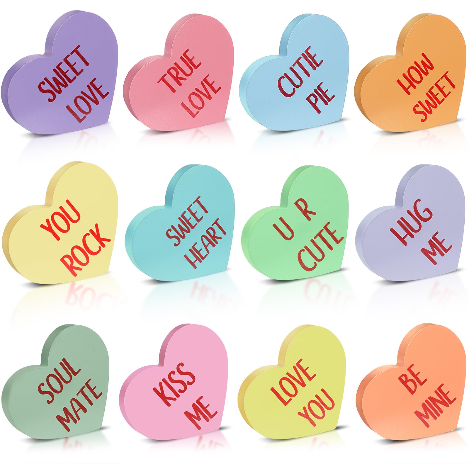 Faccito 12 centros de mesa de madera para el día de San Valentín, letreros de madera de corazón de caramelo, decoraciones de mesa de San Valentín, decoración de mesa Be Mine Love You Kiss Me,