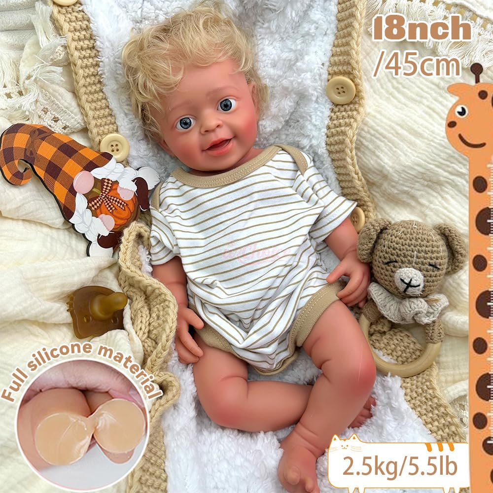 Reborn-Babypuppe (Junge) mit gebräunter Haut und geöffnetem Mund – Waschbarer Vollsilikonkörper mit gerootetem Haar und Leuchtend blauen Augen – In Geschenkbox für Kinder ab 3 Jahren