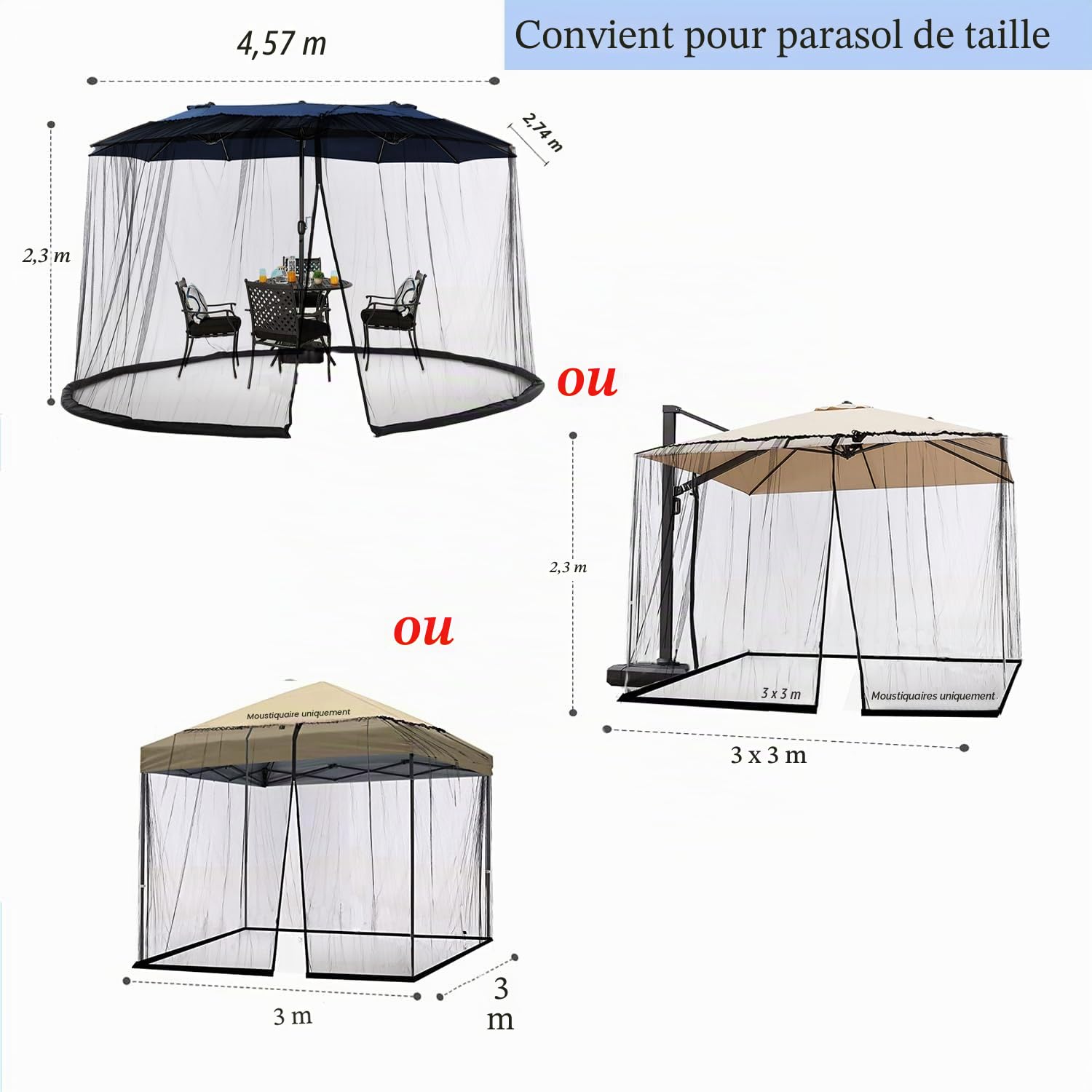 Moustiquaire Double Face de 4,5 m pour Parasol de terrasse et tonnelle de 3 x 3 m (Noir) (ne Contient Pas d'ombrela de tonnelle) (4,6 m, Noir)