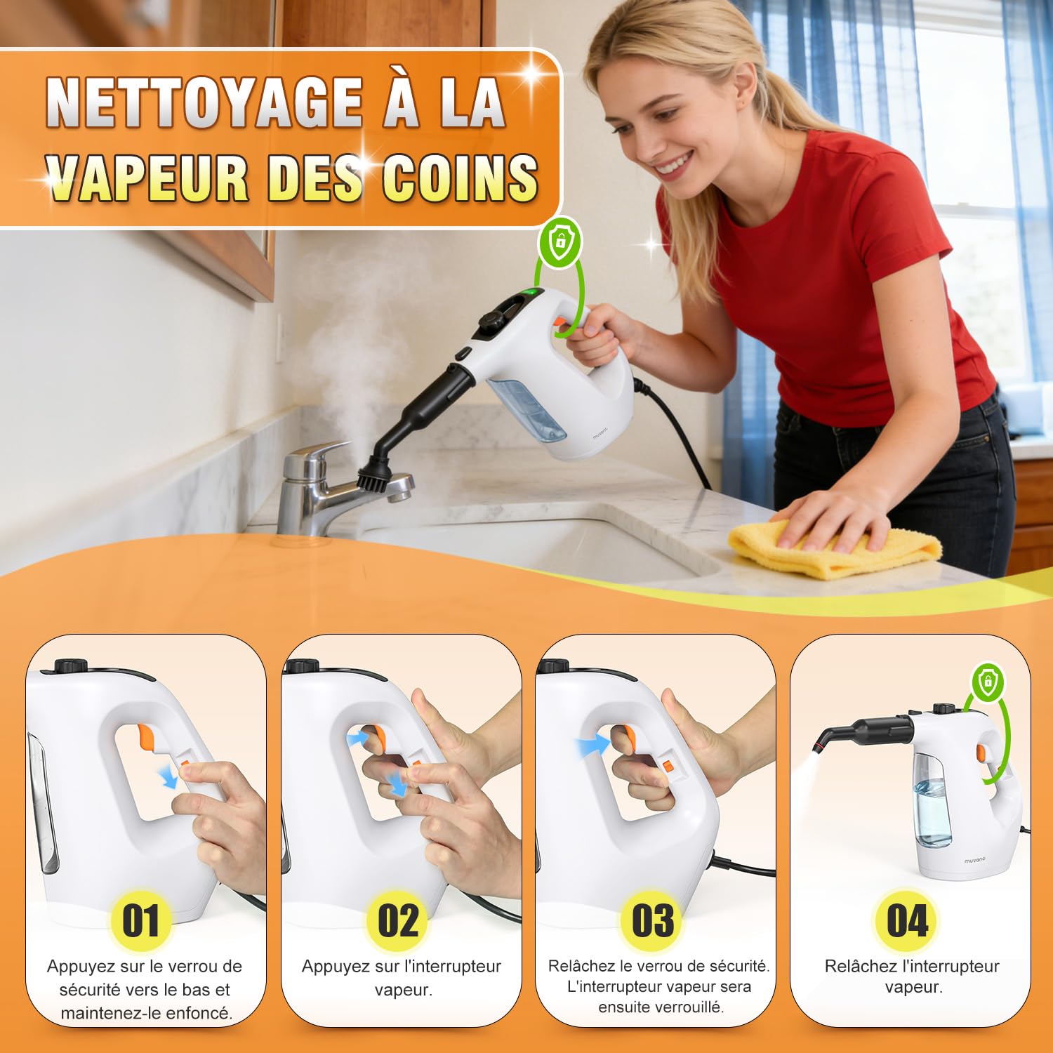 Pulitore a vapore portatile, detergente a vapore multifunzione 1500 W con riscaldatore in 10 s, serbatoio 450 ml, 11 accessori per cucina, bagno, vetri, guarnizioni, divano e auto