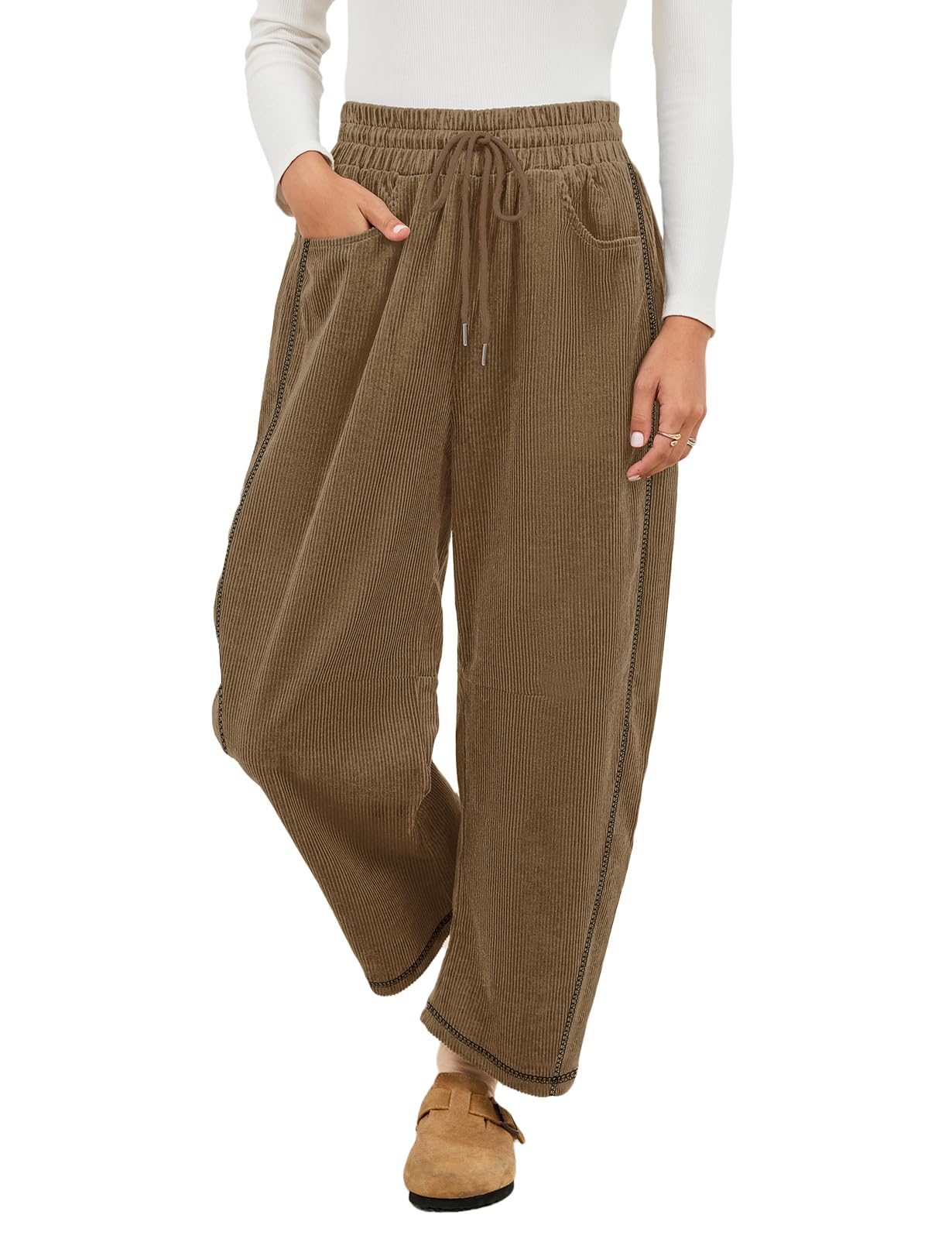 Tanst Sky Womens Corduroy Barrel Pants Wide Leg Drawstring Elastic Waist Baggy Ribbed Trouser with Pockets