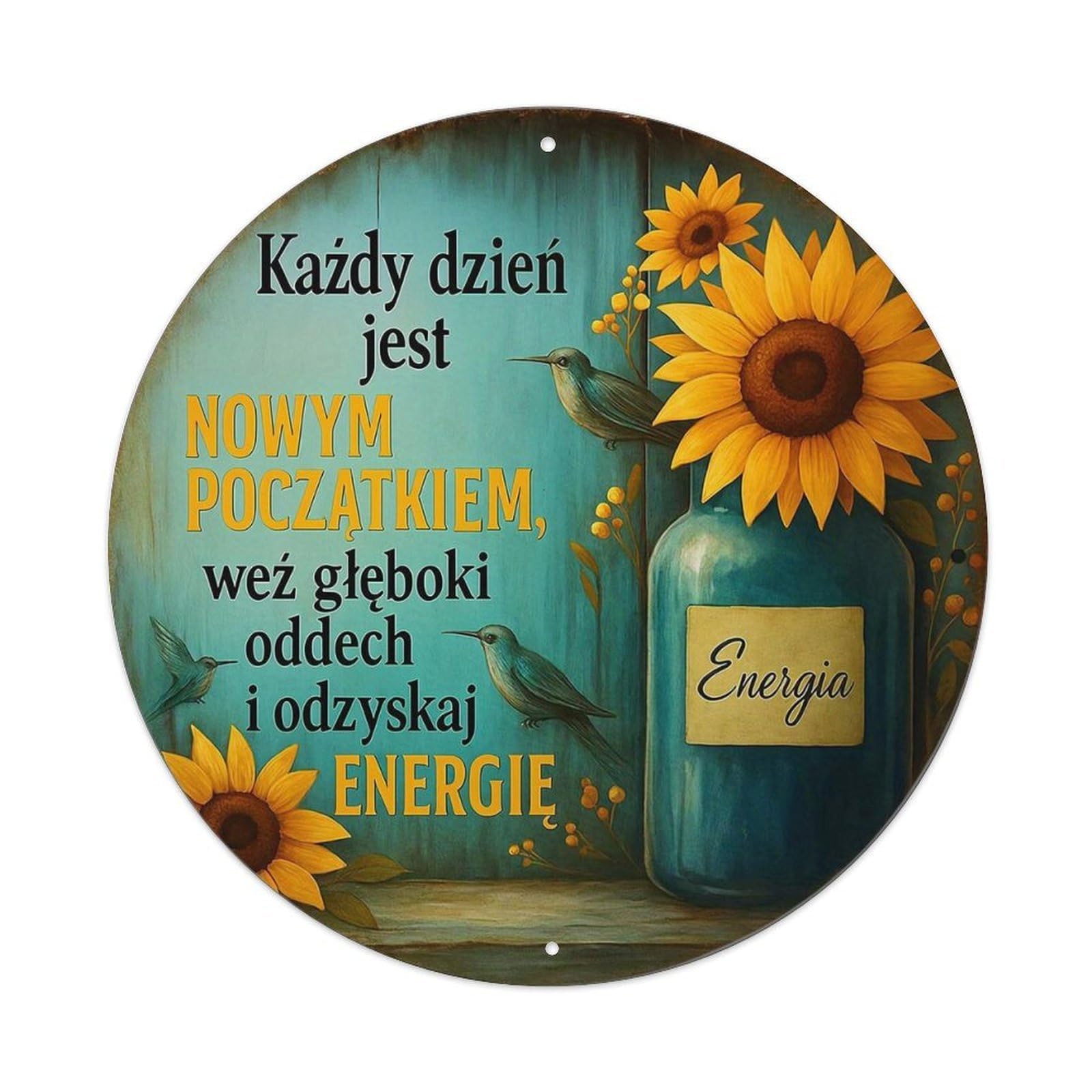 Sunflower Bird Jar Energy Text Vintage Round Tin Sign Retro Metal Wall Decor Metal Poster, Home Bar Garage Cafe Wall Art Decoration 8x8Inches