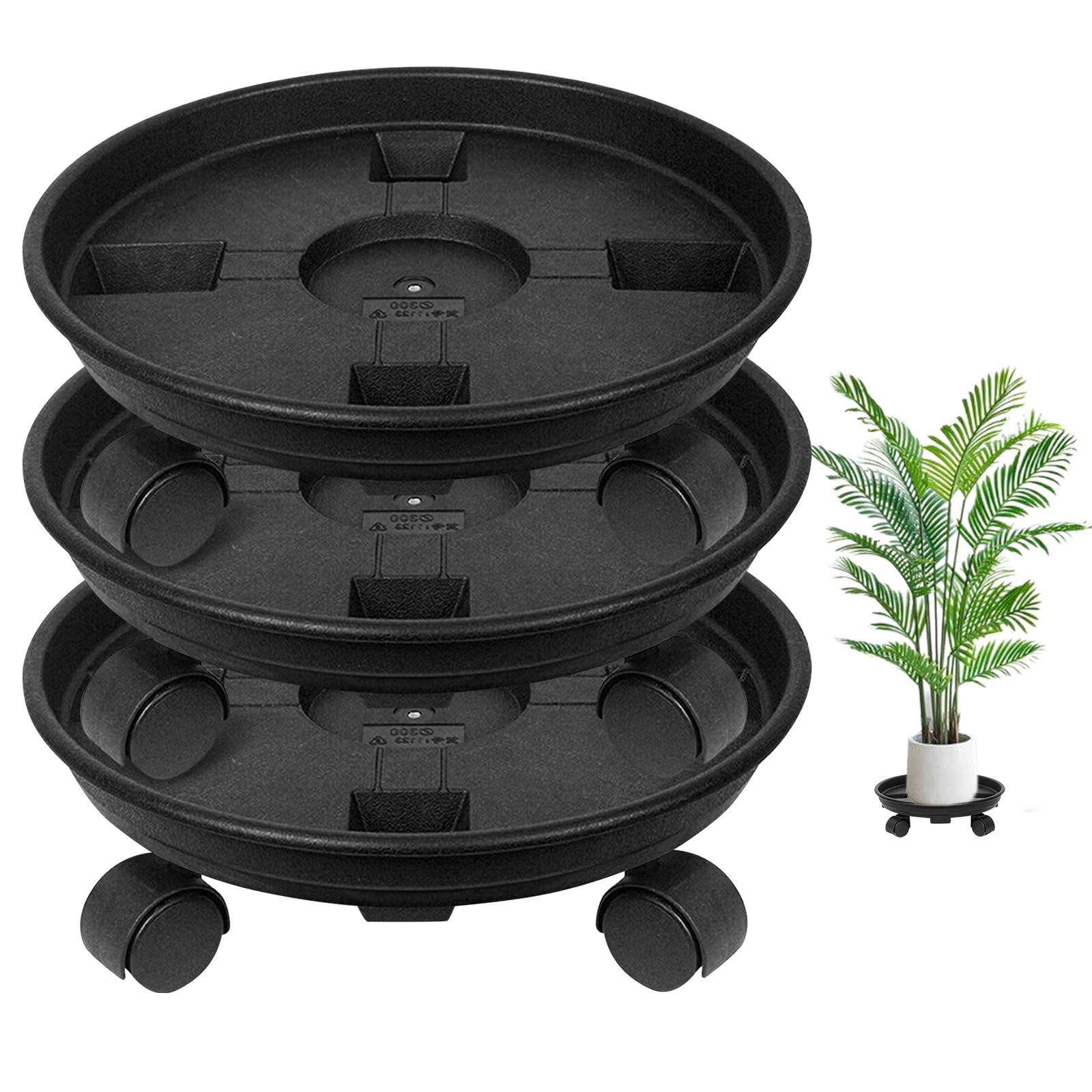 Lot de 3 roulettes rondes pour plantes de 30 cm - Soucoupe avec roulettes - Jusqu'à 50 kg - Pour l'intérieur et l'extérieur - En plastique - Avec quatre roulettes