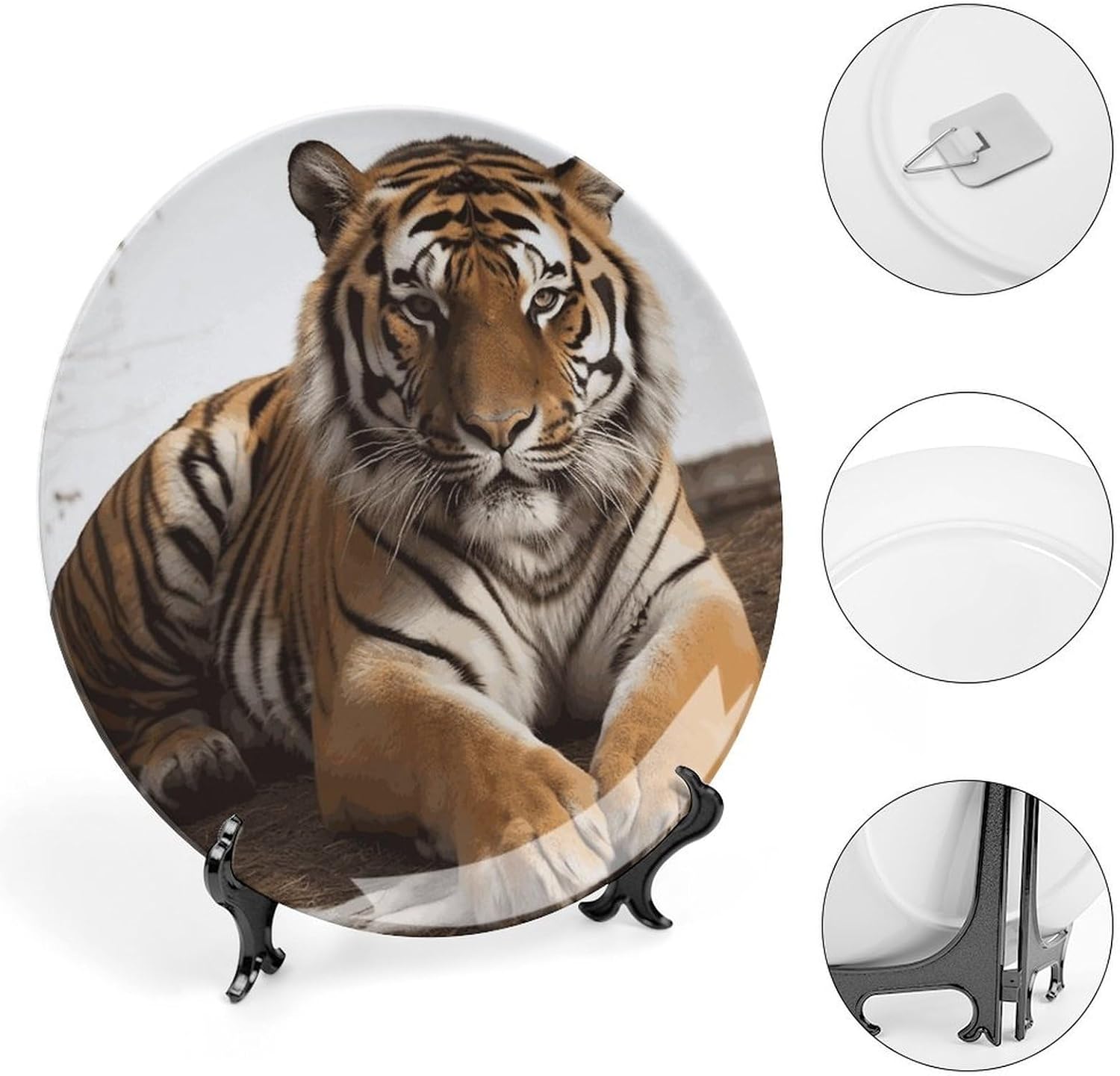 Big Tiger Bone China Decorative Plate with Display Stand, Ceramic Ornaments Plate for Wall Hanging, Personalized Porcelain Plates for Office, Living Room 8inch