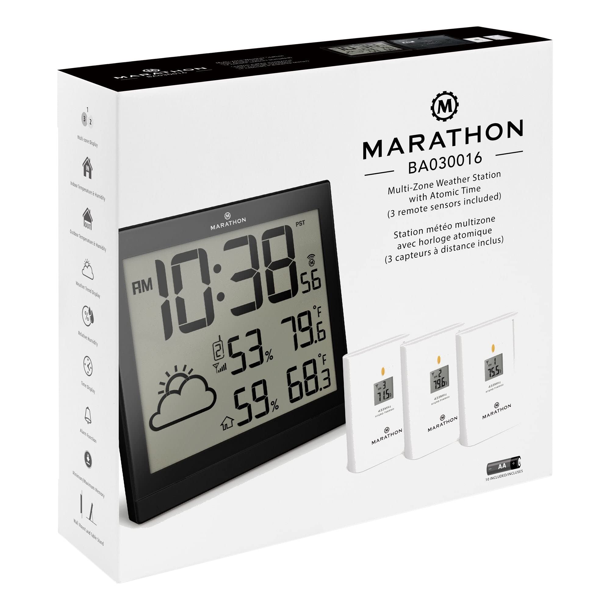 Marathon Estación meteorológica Atomic Home con 3 sensores remotos para interiores y exteriores,Reloj despertador digital,Estación meteorológica inalámbrica,Garantía de 2 años