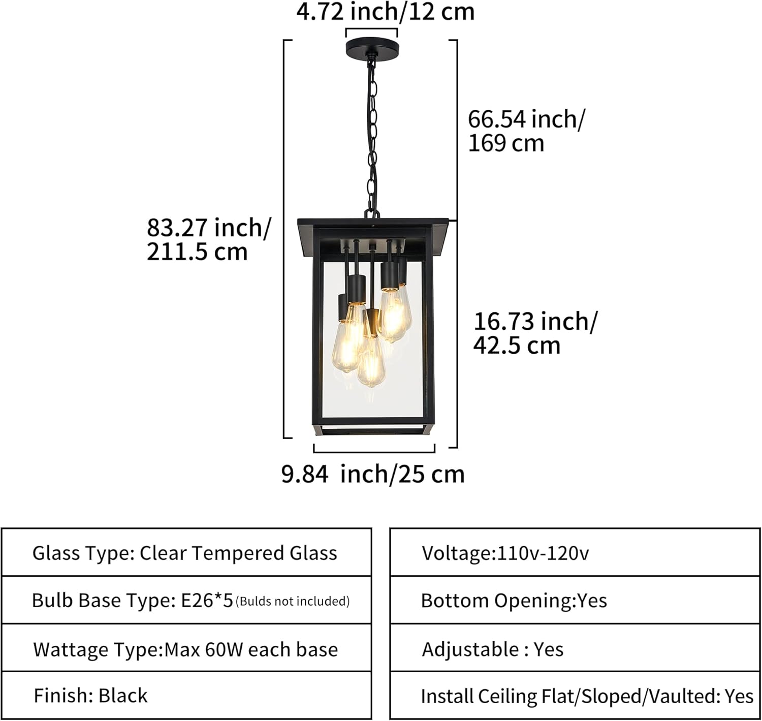 Modern Outdoor Pendant Light with Dual E26 Base Socket, Black Chandelier with Clear Glass Shade, Exterior Hanging Lantern for Front Porch Entrance Foyer Entryway