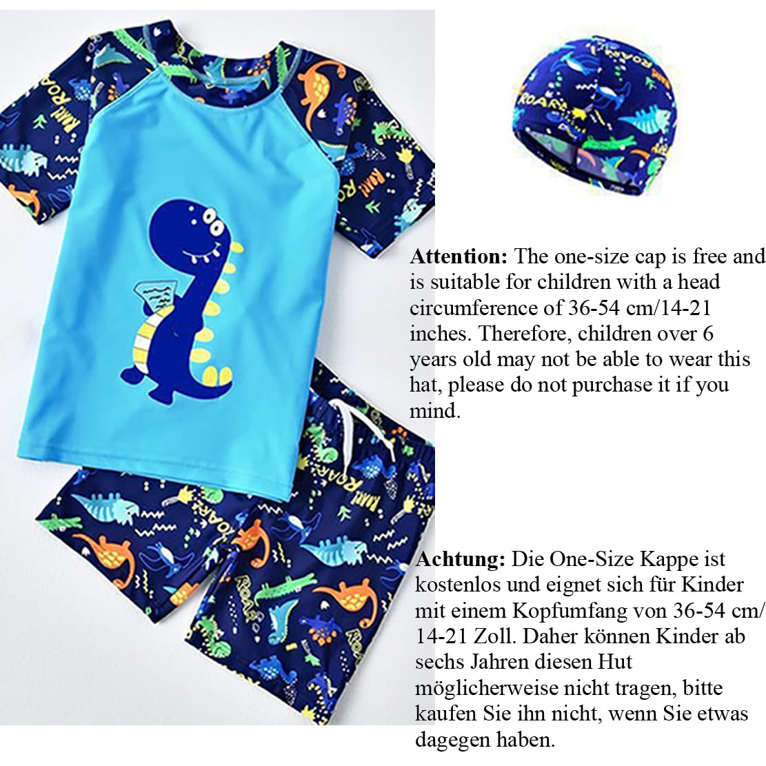 Jungen-Badeanzug, Zweiteiliger Badeanzug für Kinder, Rashguard, T-Shirt, Badeshort-Set, Dinosaurier-Bademode