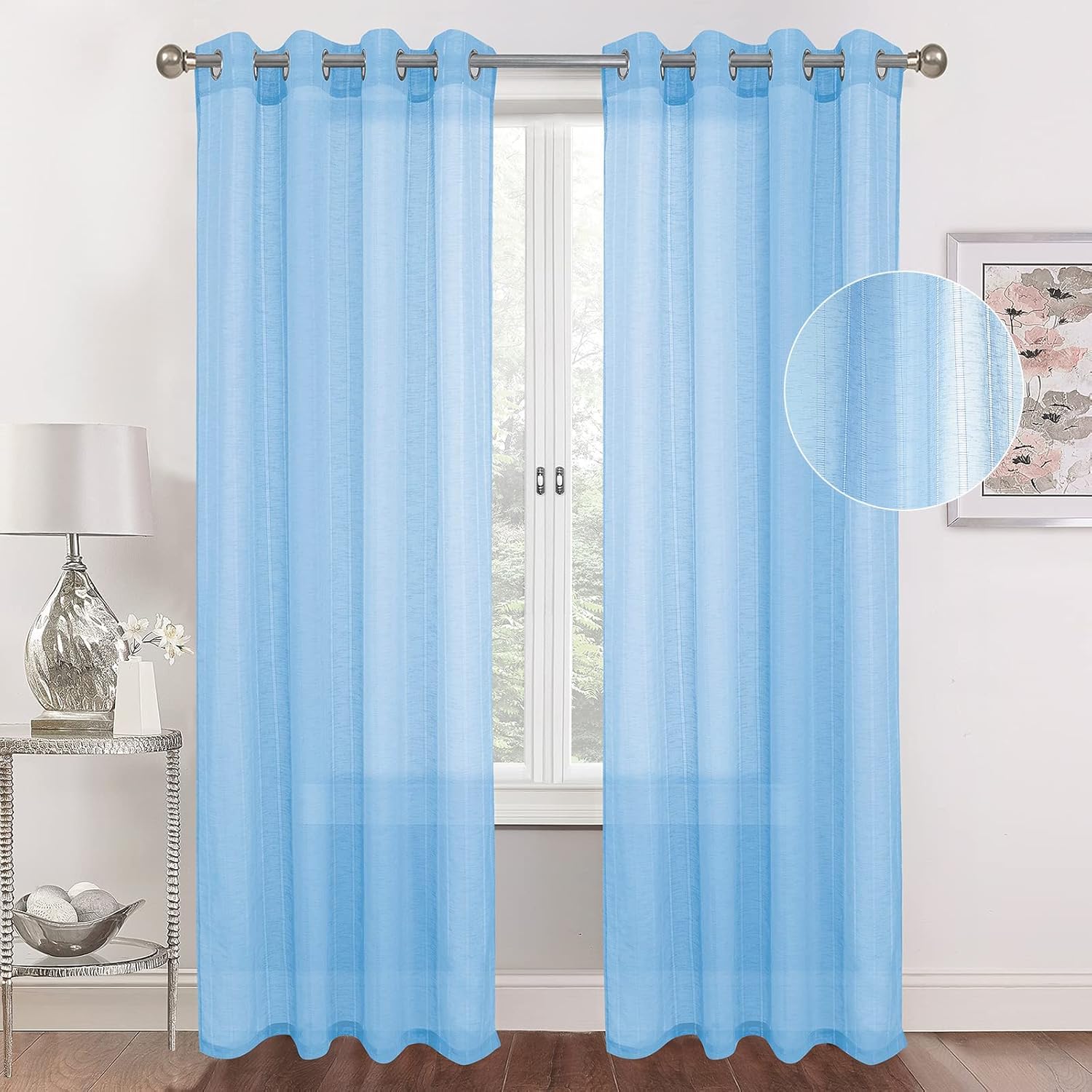 Tony's collection Light Blue Sheer Curtains 63 Inch Length, Fancy Holly ...