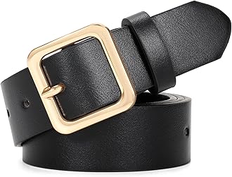 XZQTIVE Women’s Leather Belts for Jeans Pants Dresses Fashion Ladies Black Belt with Square Buckle