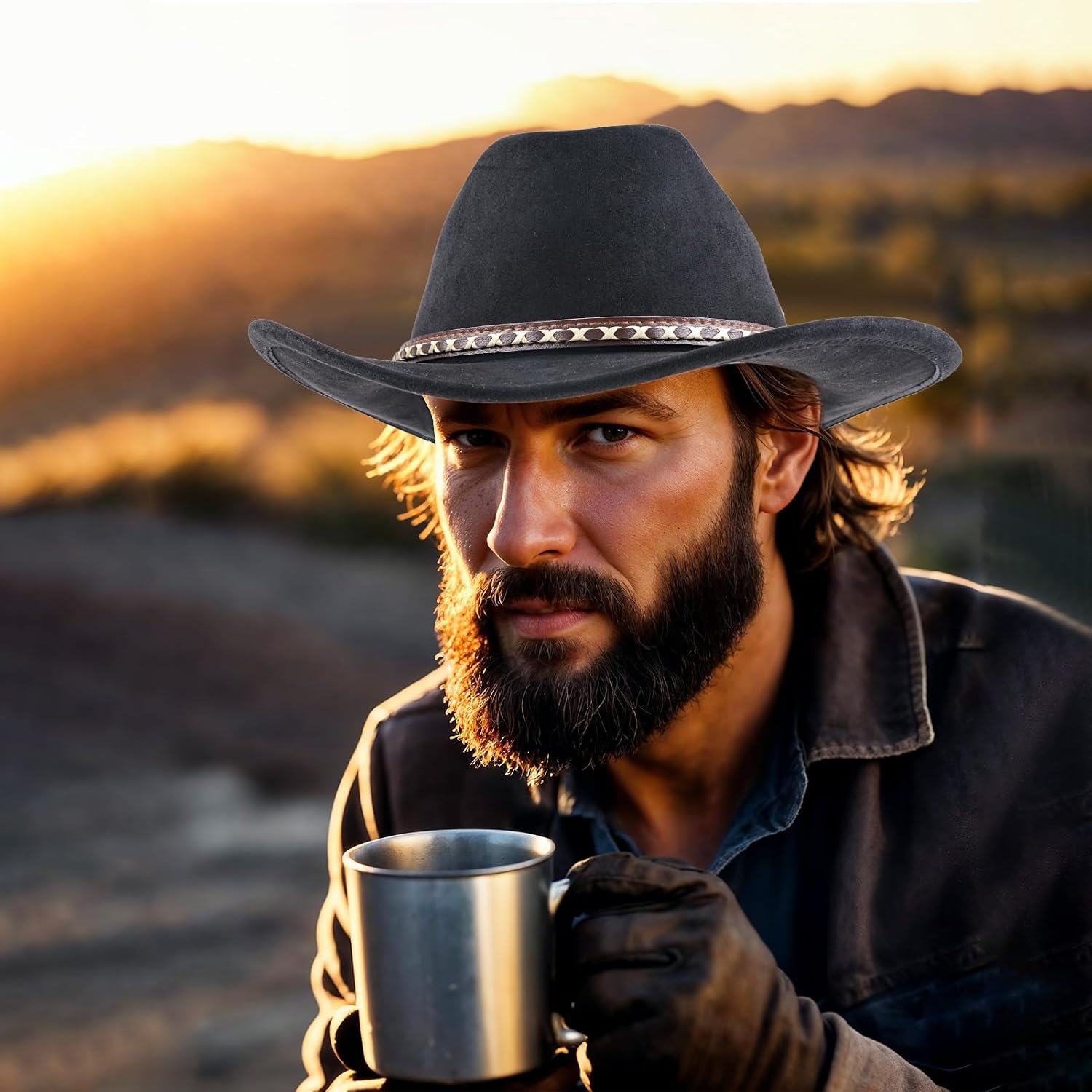Western Cowboy for Men and Women, Wide Brim Black Cowboy Hat with Decorative Bands