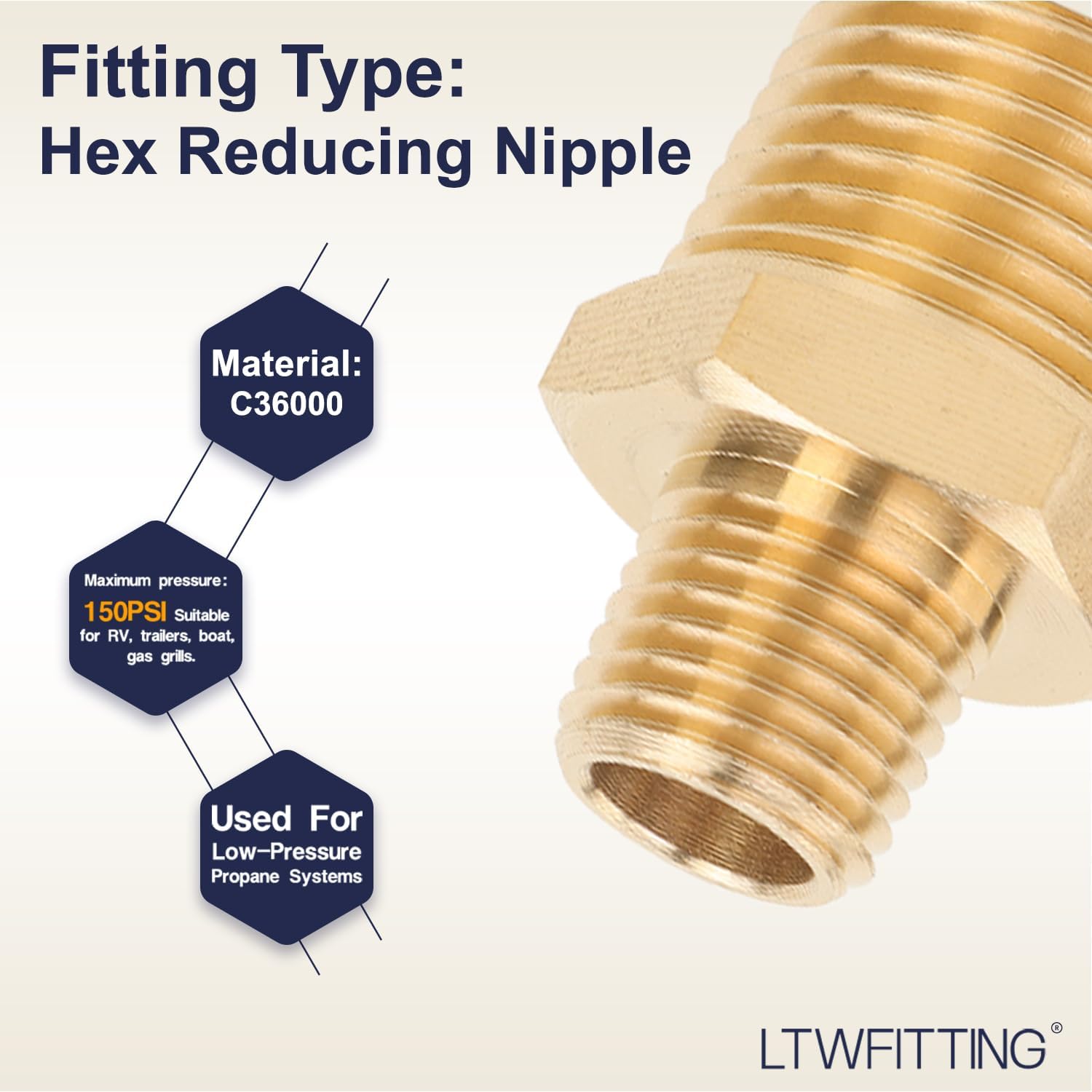 LTWFITTING Brass Pipe Hex Reducing Nipple Fitting 1/2-Inch x 1/4-Inch Male NPT(Pack of 5)
