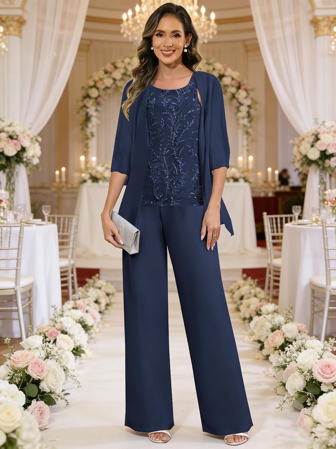 Mutter Der Braut Festlich Hosenanzug Damen 3-Teilig Chiffon Anzug Pailletten Brautmutter Outfit Hosenanzüge Mit Jacke