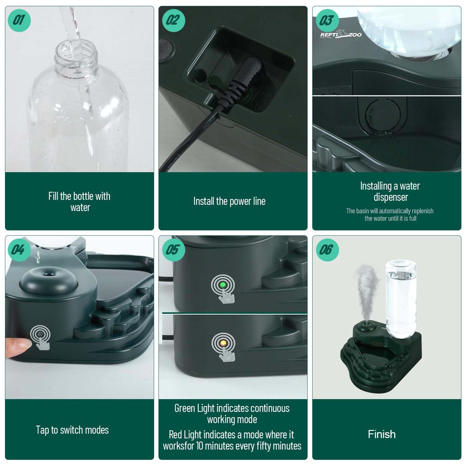REPTI ZOO Comedero de agua y nebulizador, humidificador 2 en 1 para reptiles con cuenco de agua, dispensador de agua automático para camaleón, rana, lagarto y geco