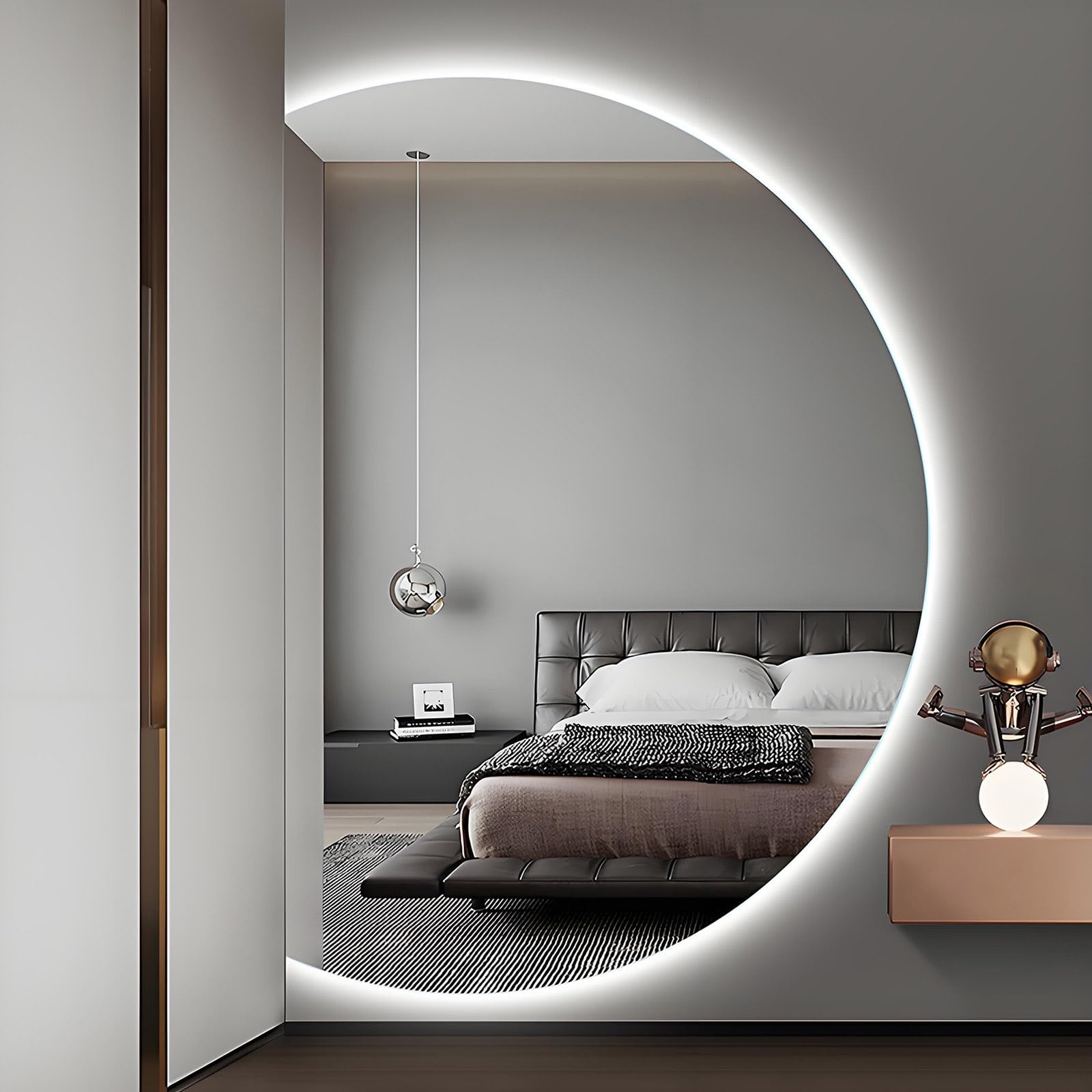 SXFSDOU Semicircle LED Vanity Mirror with 3-color Light, Smart HD Frameless Bathroom Mirror, Anti-fog Explosion-proof, for Living Room Bedroom(Left Cut,120x80cm/47x32in)