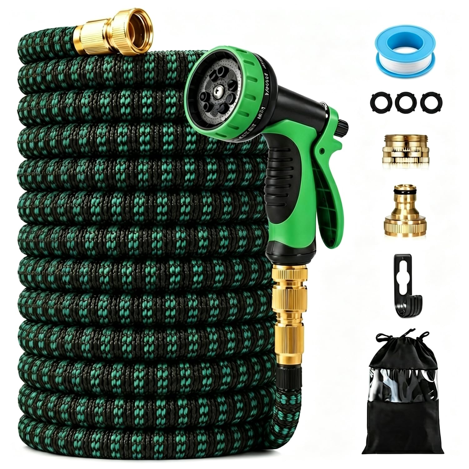 Expandable Garden Hose 150FT, Flexible Water Hose Pipes 45M with 10 Spray Nozzle, 4 Layer Latex Hose Pipe Expandable with 3/4" & 1/2" Connectors for Garden Watering, Car Wash & Cleaning, Green