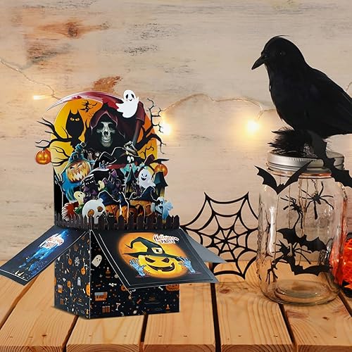 Miniatura 9 de D24TIME Tarjetas desplegables de Halloween para niños, divertidas tarjetas de felicitación de Halloween en 3D con sobres, casa embrujada,