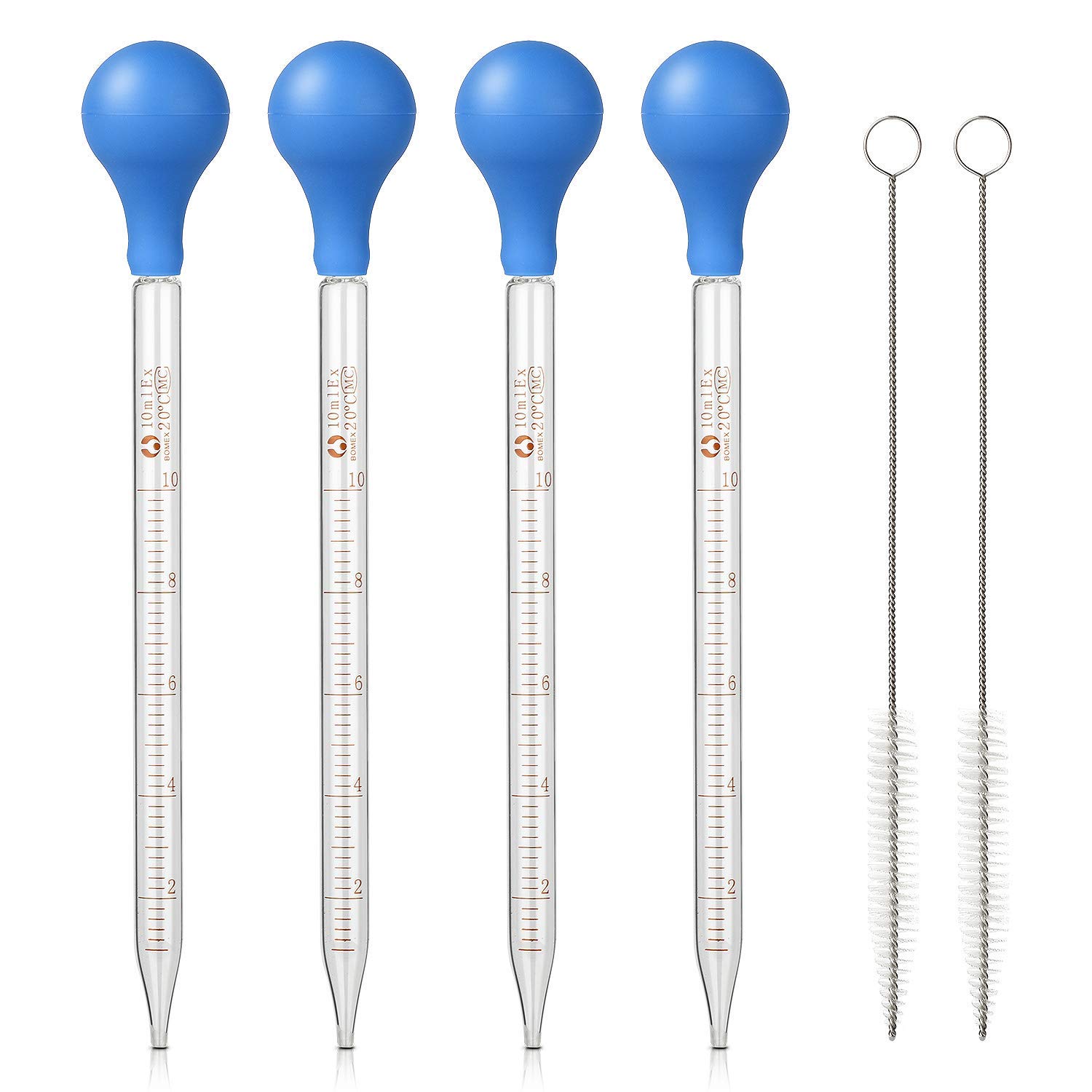 4Pcs Glass Graduated Dropper Pipette for Liquid Essential Oil, 10ml Lab Dropper Pipettes Transfer with Rubber Cap and 2Pcs Cleaning Brush