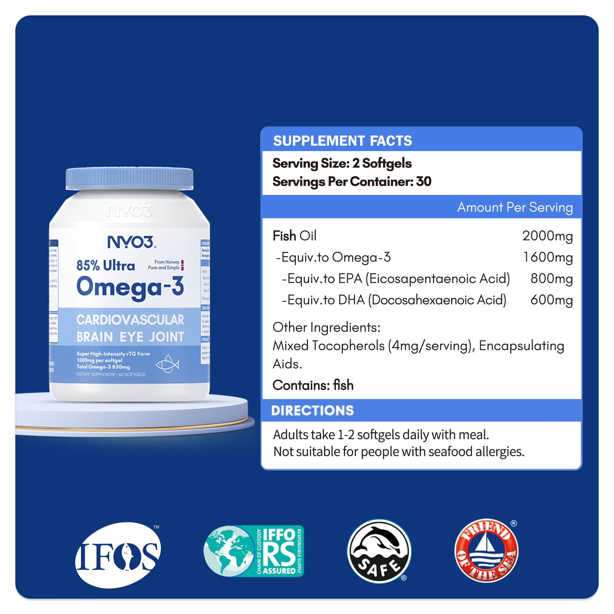NYO3 Olio di Pesce Omega 3 2000mg (800mg EPA, 600mg DHA), 85% di alta potenza. Acidi grassi essenziali per cuore, cervello e articolazioni. Senza retrogusto pescato, Non OGM, 60 capsule