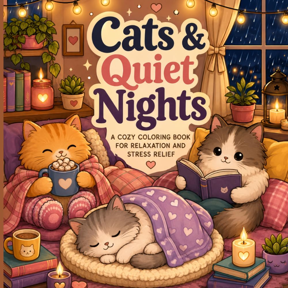 Cats & Quiet Nights: A Cozy Coloring Book For Relaxation and Stress Relief