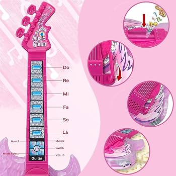 Guitarra Y Micrófono Eléctrico Para Niños | 6 Botones Y Luces | Soporte Ajustable | Regalo Musical 3-8 Años Rosa