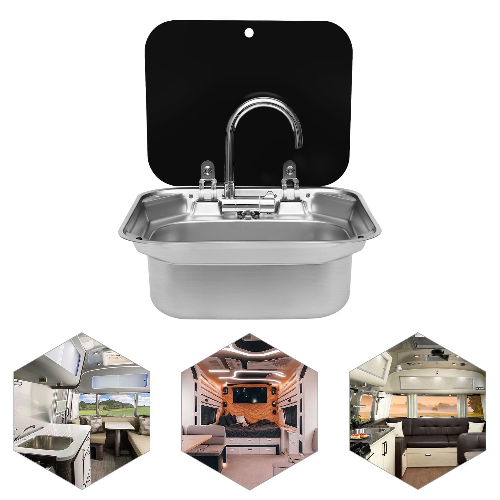 RV - Set di lavandino da campeggio, con rubinetto, per camper, camper, camper, in acciaio inox, colore: nero, argento