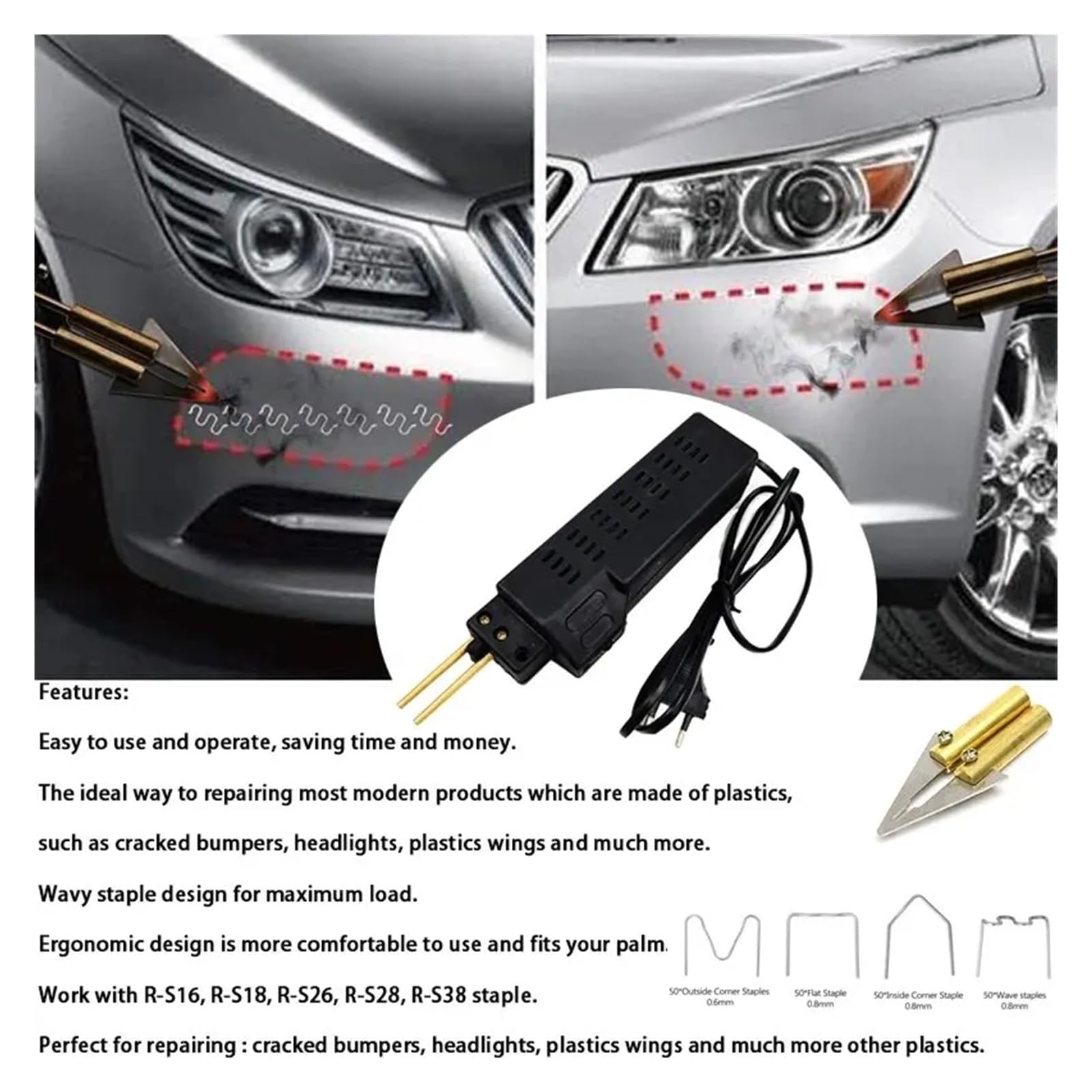 Pistolet à clous, Soudeur for plastique 50W, pistolet à ongles chaud avec 200 clous, Kit de réparation pare-chocs voiture, outil fissuration, cloueur Garage, Machine en PVC, fil soudage