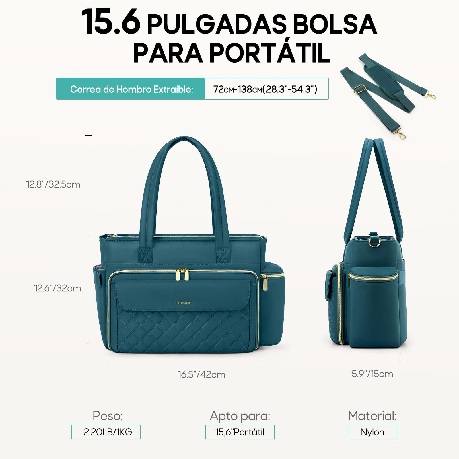 RAINSMORE Maletin Portatil Bolso Profesora Mujer 15.6 Pulgadas | Bolso Ordenador con Bolsillo Aislante y Portavasos, Multibolsillos, para Enfermera Trabajo Universidad