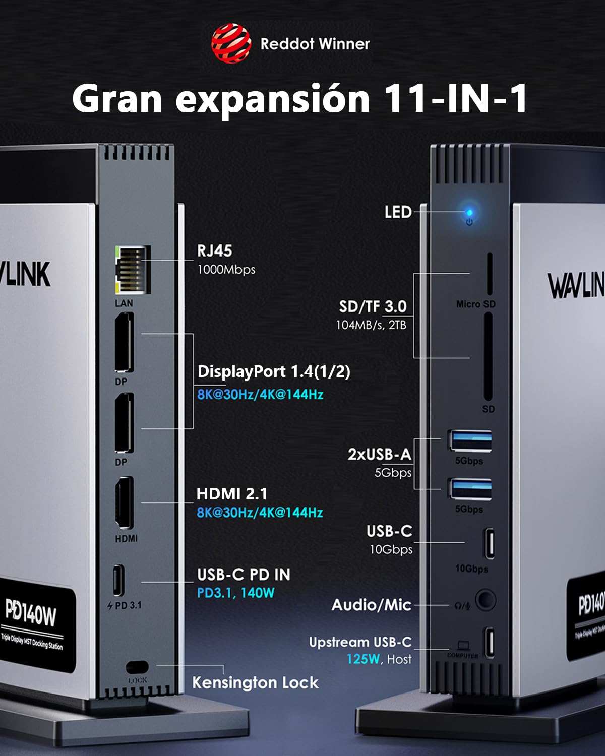 WAVLINK Docking Station 3 Monitores 【Solo para Windows】, 2*DP+HDMI