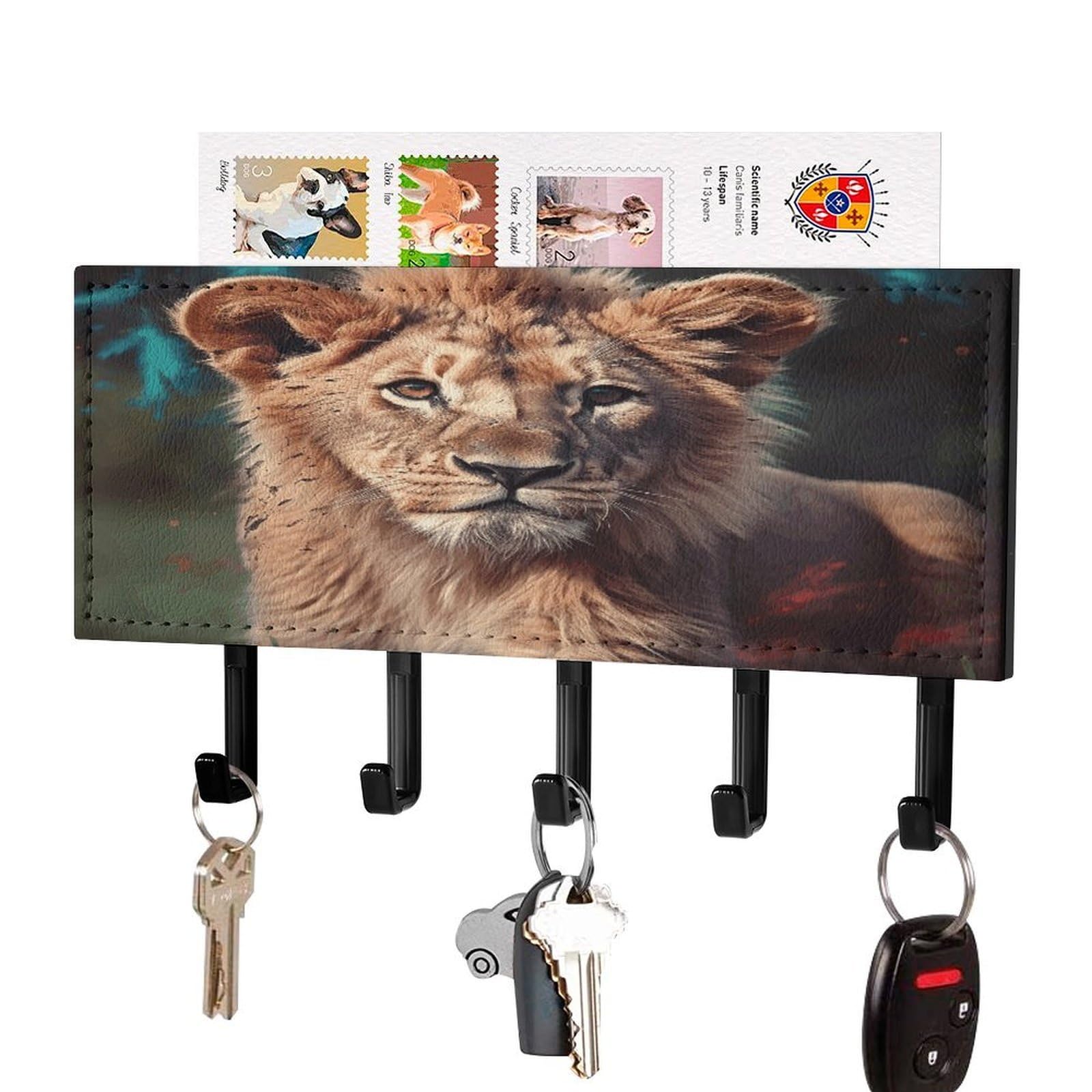 Vstadank Black-Style Art Lion Key Holder For Wall Mount With 5 Hooks Decorative Key And Mail Holder Farmhouse Wall Hooks With Shelf Pu Leather Key Rack With Mail Holders For Entryway Home