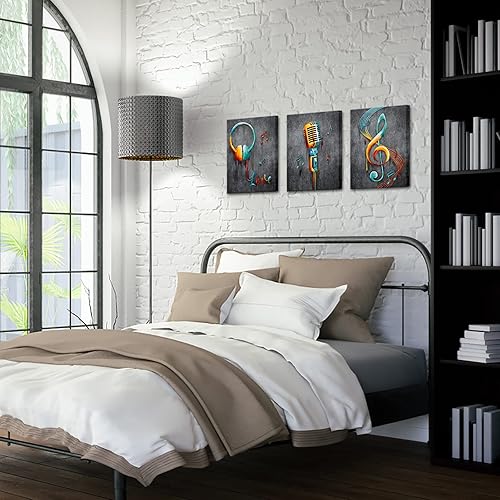 Miniatura 4 de 3 piezas de pinturas artísticas musicales, arte de pared, micrófono y auriculares, nota, lienzo con impresión giclée, decoración moderna para el