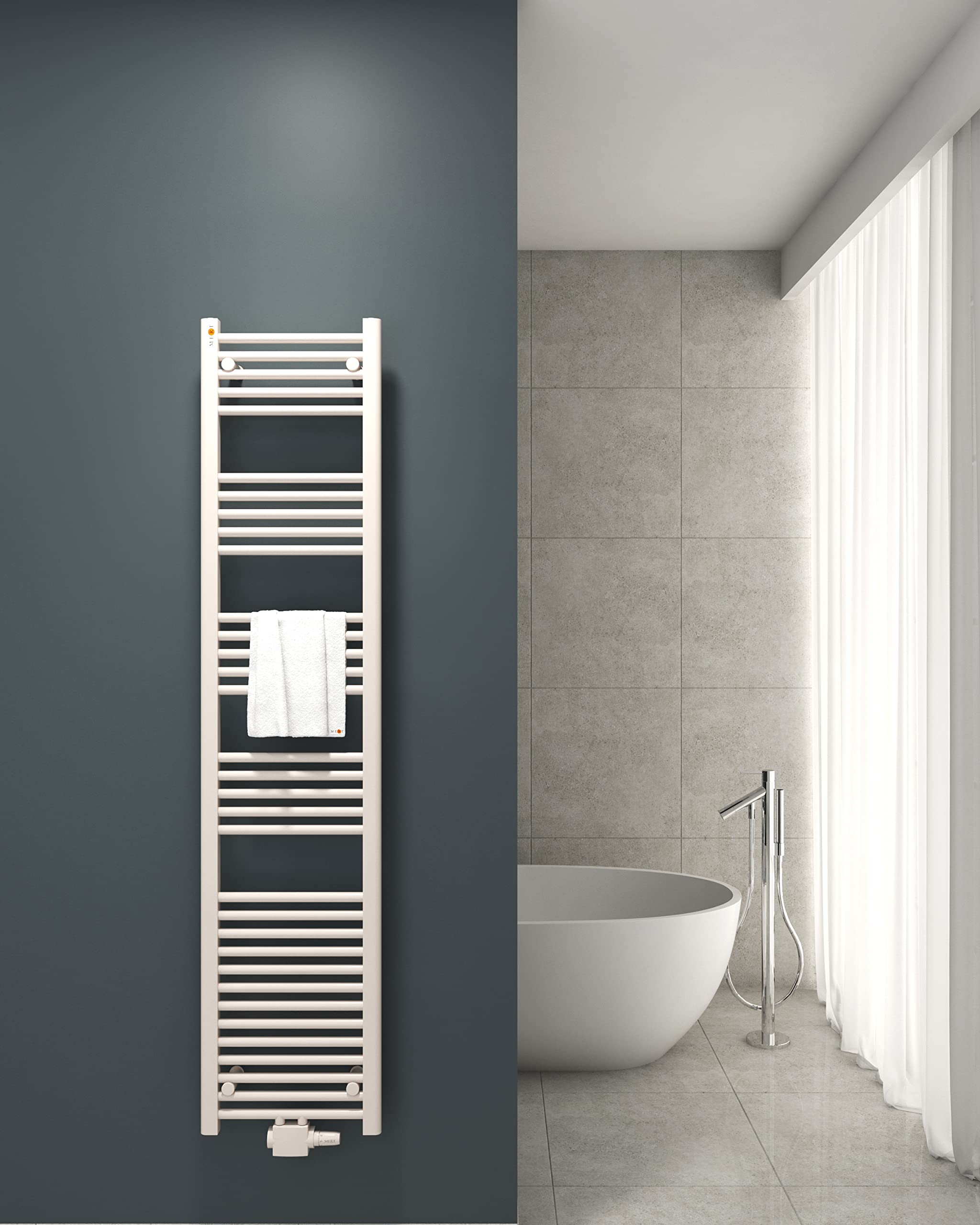 Mert Heizung mit Thermostat Fernwärme Warmwasser Bad-Heizung 1800x400 Bad-Heizkörper 1/2 Zoll Mittelanschluss 50 mm weiß Handtuchhalter für Wandmontage