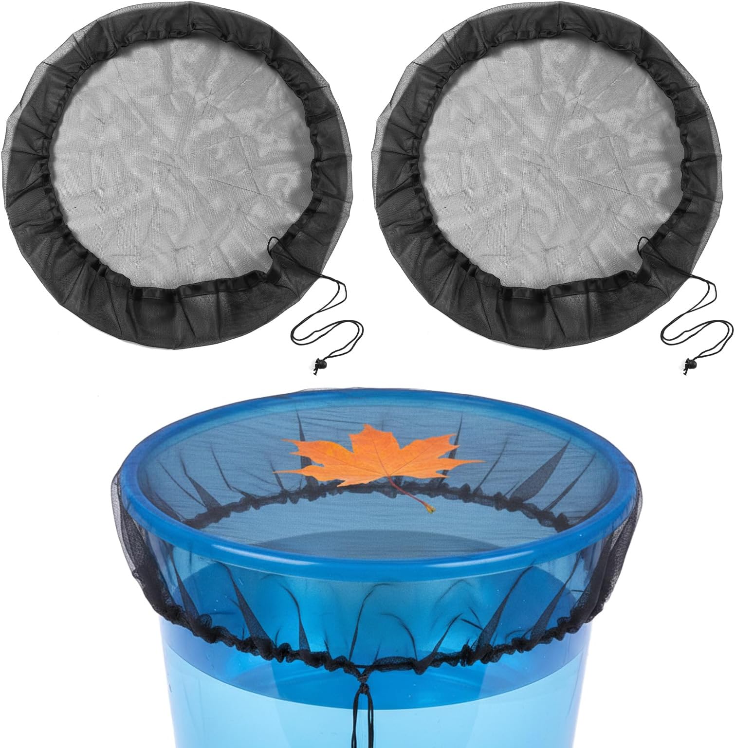 2 Pcs Mesh Cover for Rain Barrel Water Collection Buckets Netting with Drawstring Fine Mesh Water Barrel Cover Black Reusable Rain Bucket Filter Screen for Outdoor Garden Preventing Fallen Leaves 39"