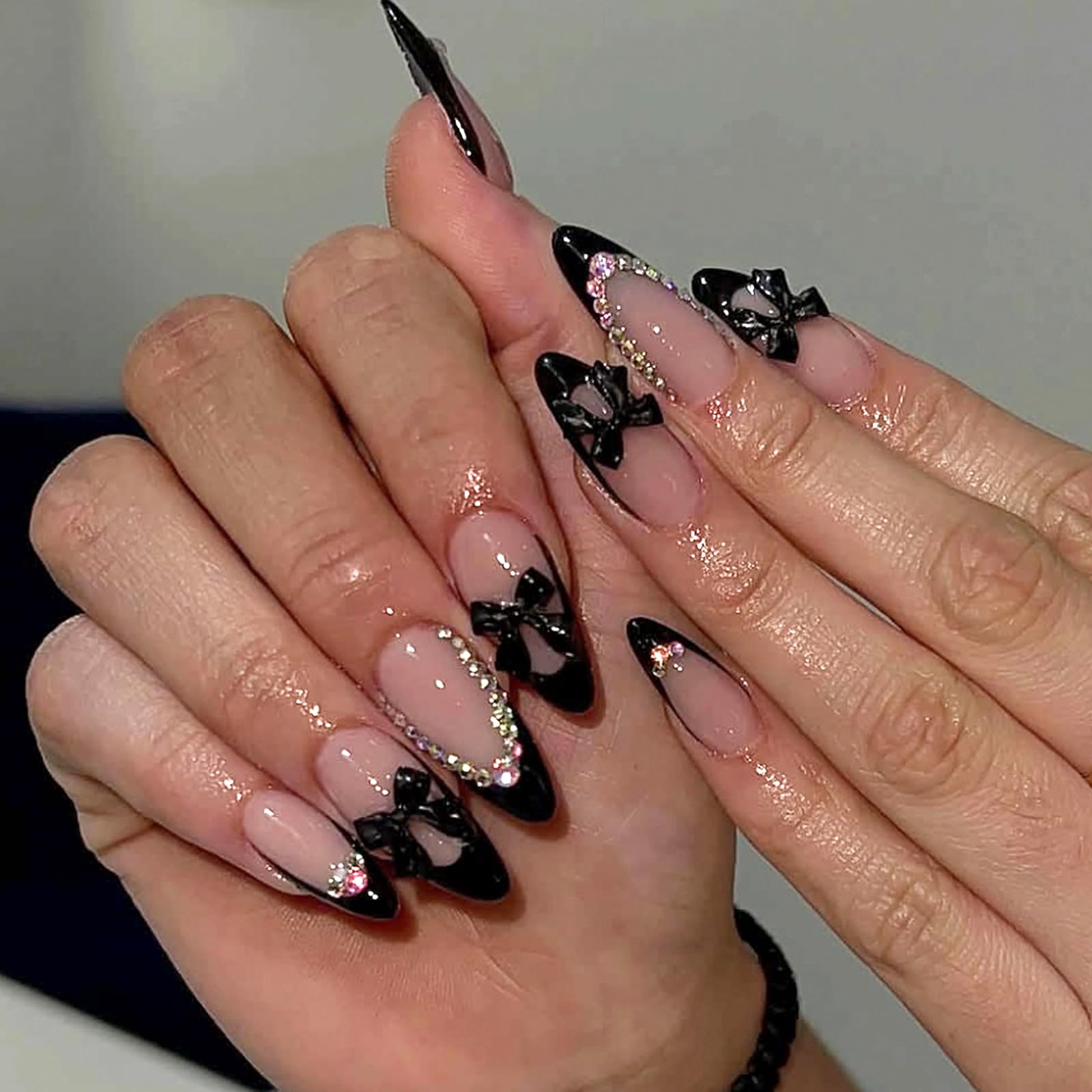 MISUD Press on Nails - Medium Almond Fake Nails with Black French Tip, Acrylic Bow Charms Design 24 pcs