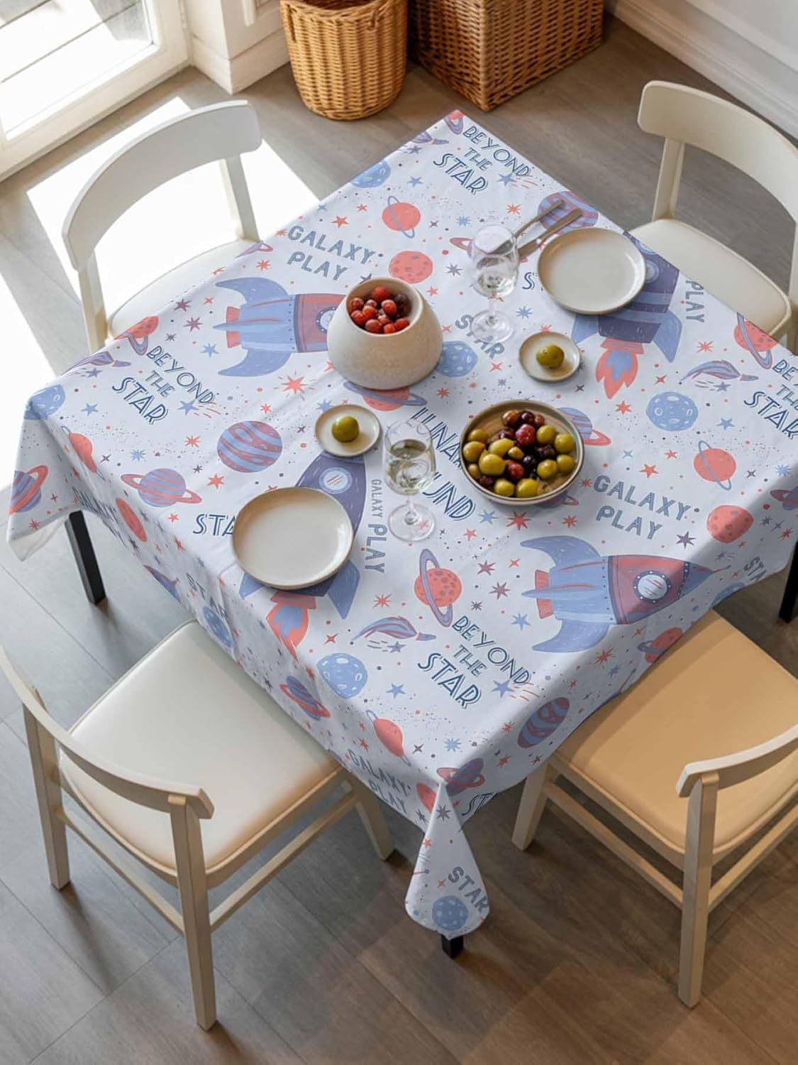 Children's Day Waterproof Table Cloth Funny Universe Rocket Planet Star Light Blue Waterproof & Wrinkle Table Cover, Washable Polyester Soft Fabric Table Cloth for Outdoor Indoor Parties