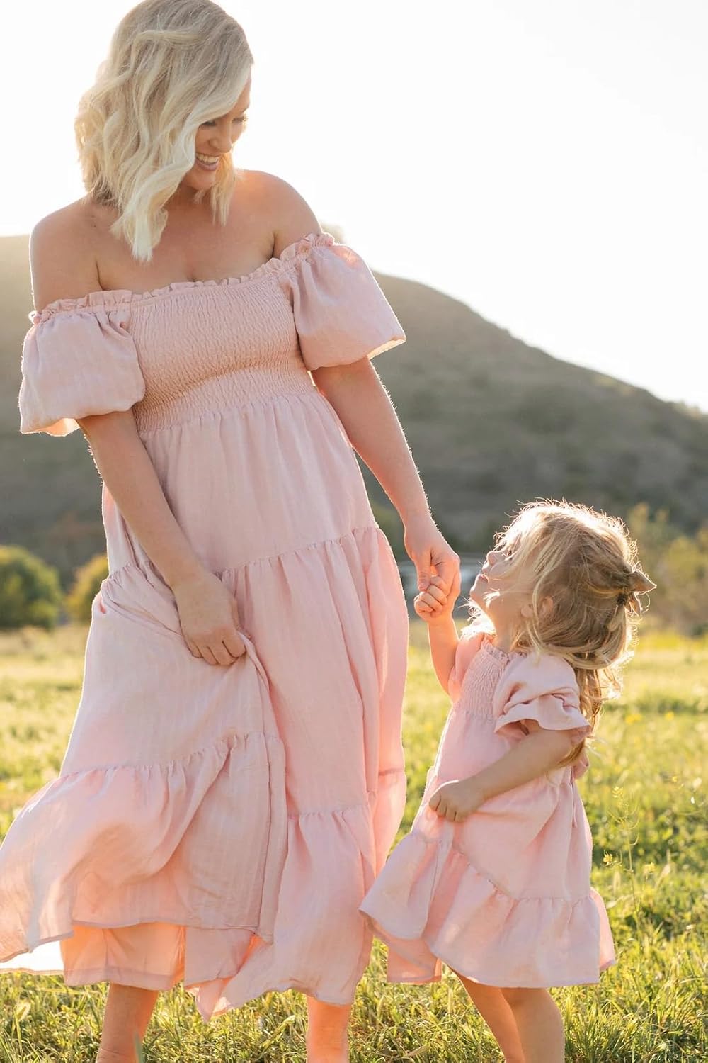 Mommy and Me Dresses Off Shoulder Irregular Ruffle Hem Chiffon Maxi Dress Summer Family Matching Outfit Beachwear