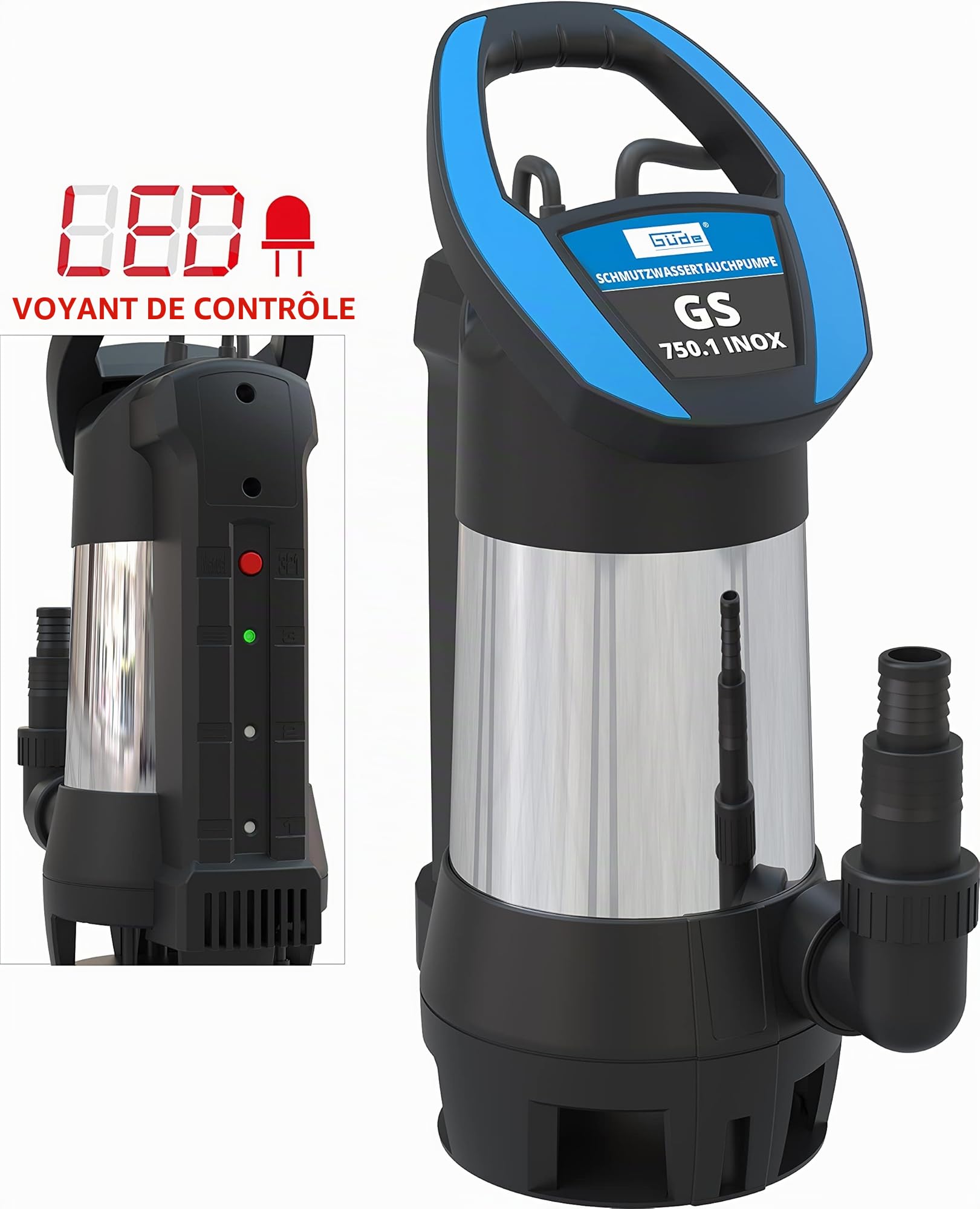 Güde 94679 Pompe submersible pour eaux usées GS 750.1 INOX (interrupteur à capteur réglable sur 4 positions, gaine en acier inoxydable, volume de refoulement 15000 l/h), noir, acier inoxydable, bleu